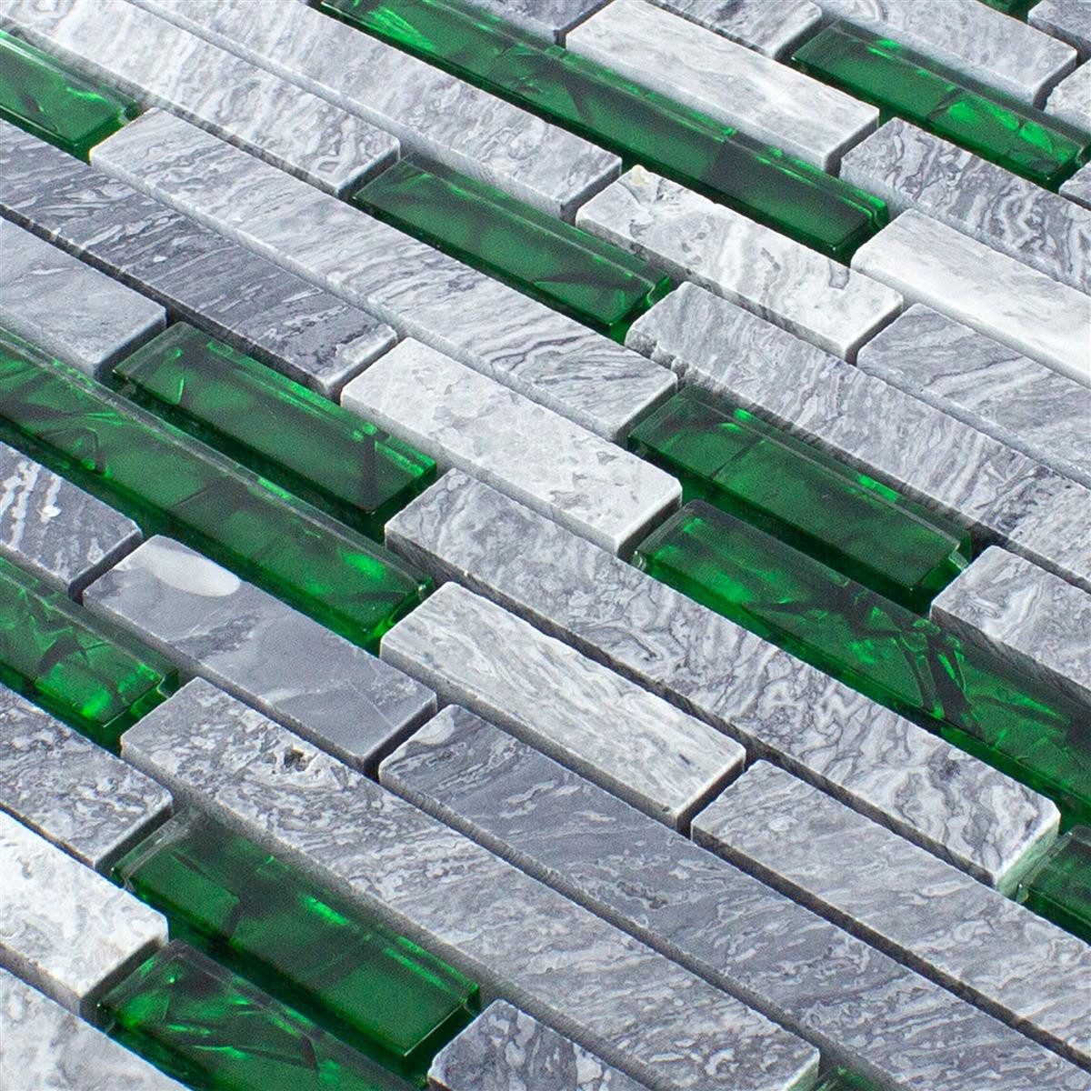 Mosafil Mosaikfliesen Glas Naturstein Mosaik Fliesen Sinop Brick, Naturstein-Glas-Marmor 30.000x29.000, grau-grün, Verlegefertig auf ein Netz geklebt - Wasserfest
