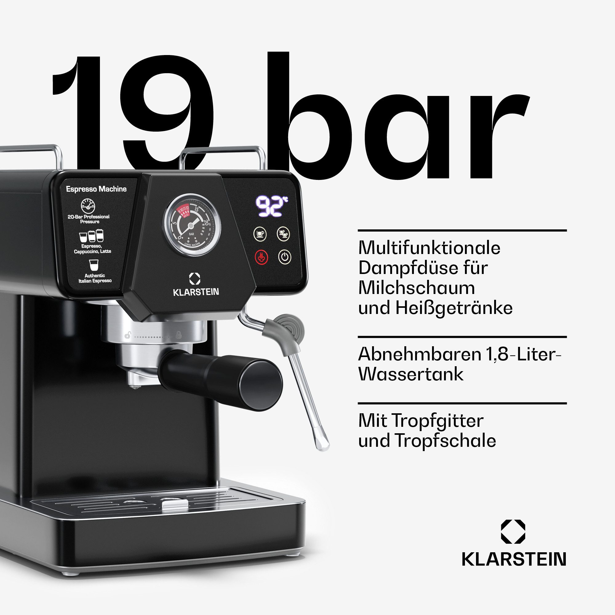 Klarstein Filterkaffeemaschine, 1.8l Kaffeekanne, Edelstahl-Siebträger, Elektrisch 19 Bar Espressomaschine Kaffemaschine Touch