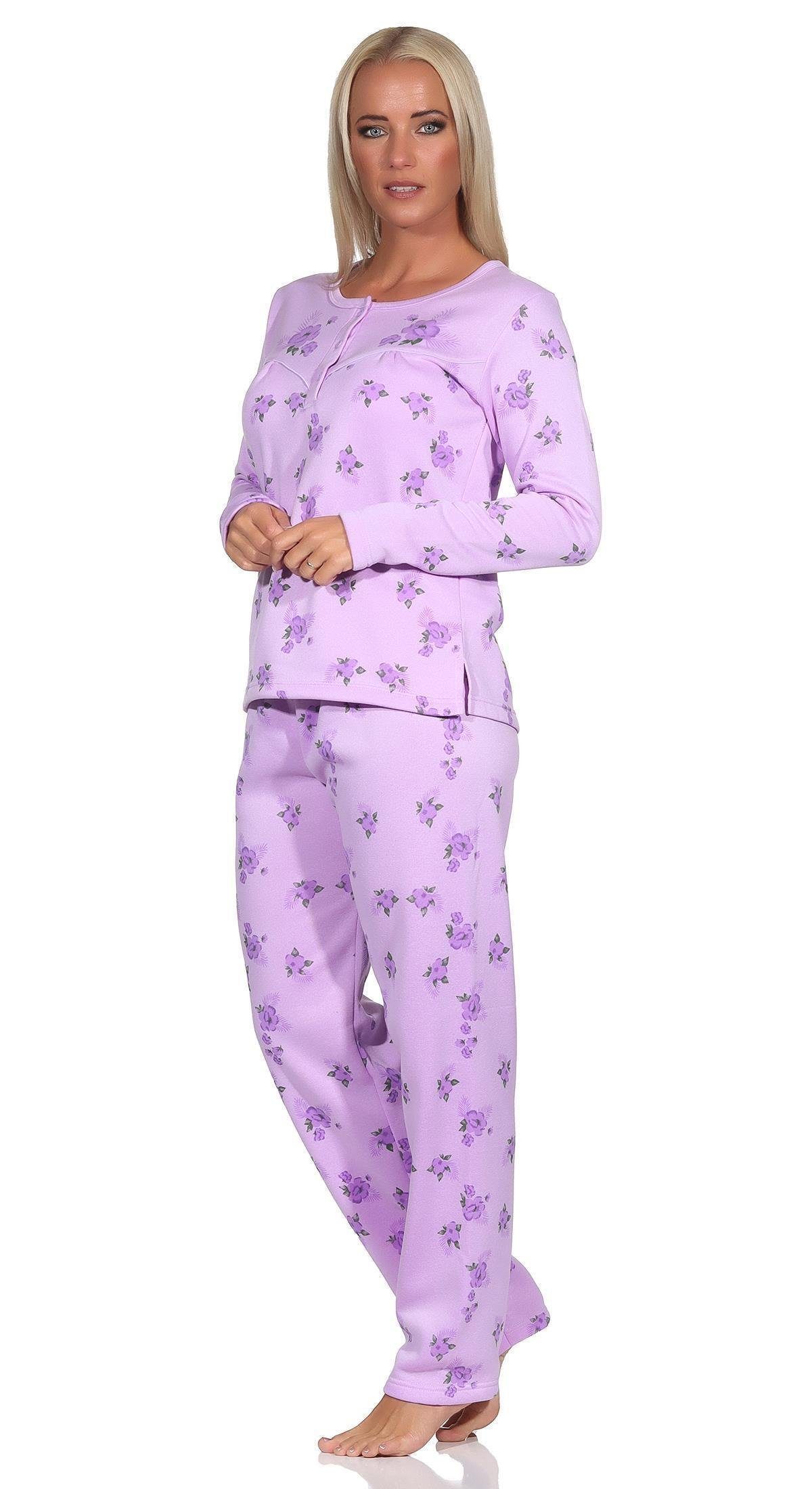 EloModa Pyjama Damen Thermo Pyjama lang zweiteiliger Schlafanzug, Gr. M L XL XXL (2 tlg) Flieder