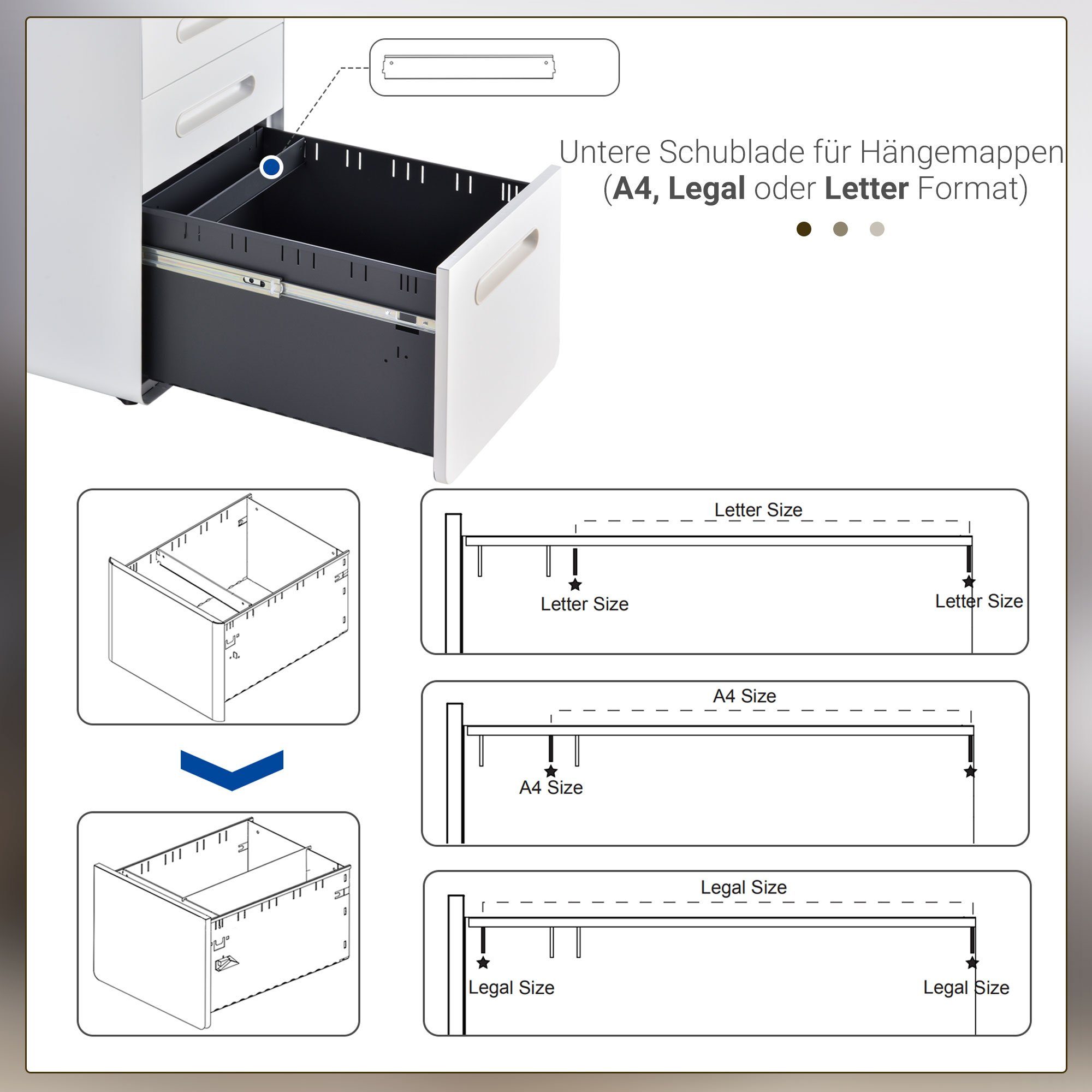 mit Stahl Rollcontainer St., Schubladen Vinsetto Bürocontainer 3 (Set, Aktenschrank, Aktenschrank), 1 Weiß