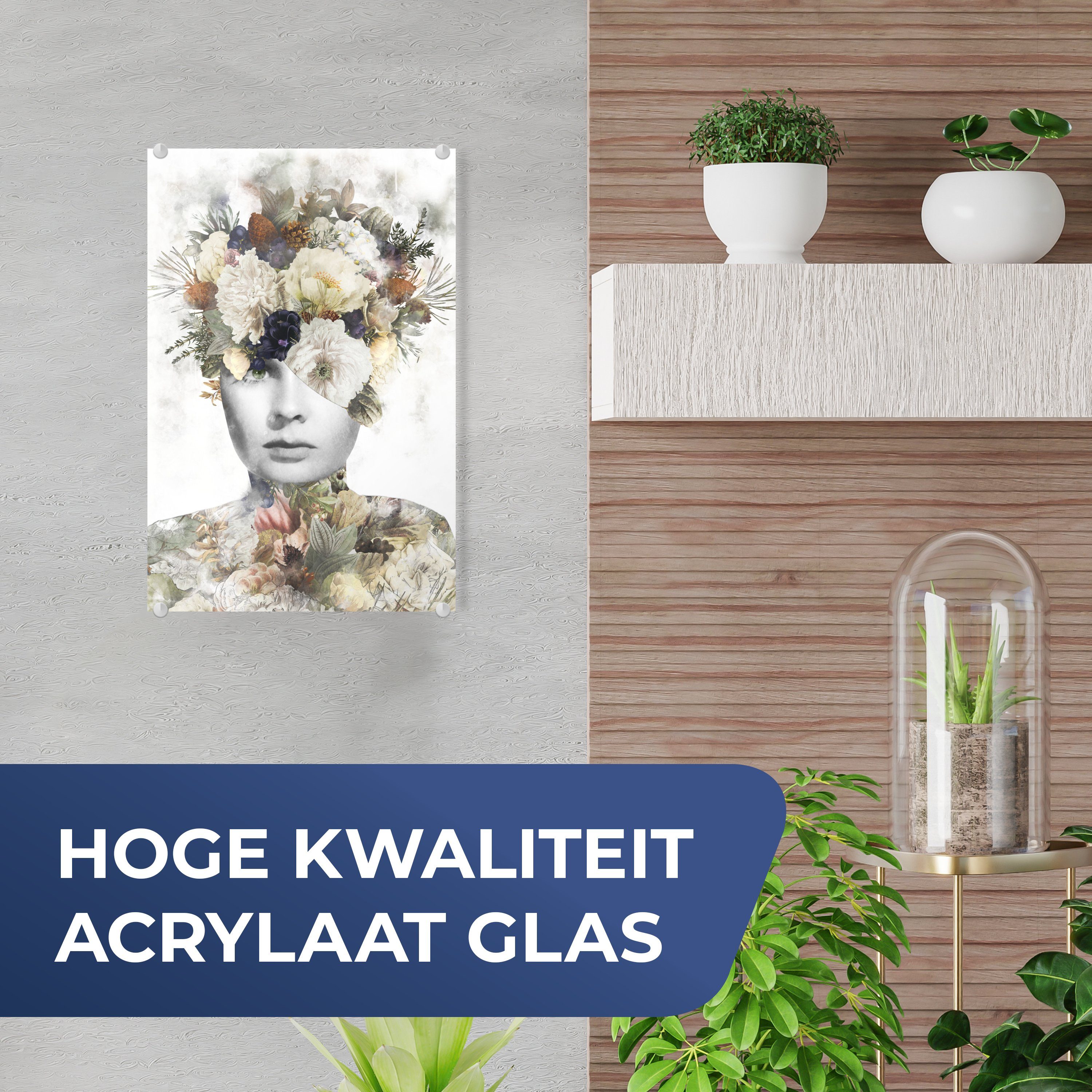 MuchoWow Acrylglasbild Blumen Foto Wanddekoration - St), Bilder auf - Glas auf - (1 Glas Scherben, Frau - Glasbilder Wandbild 