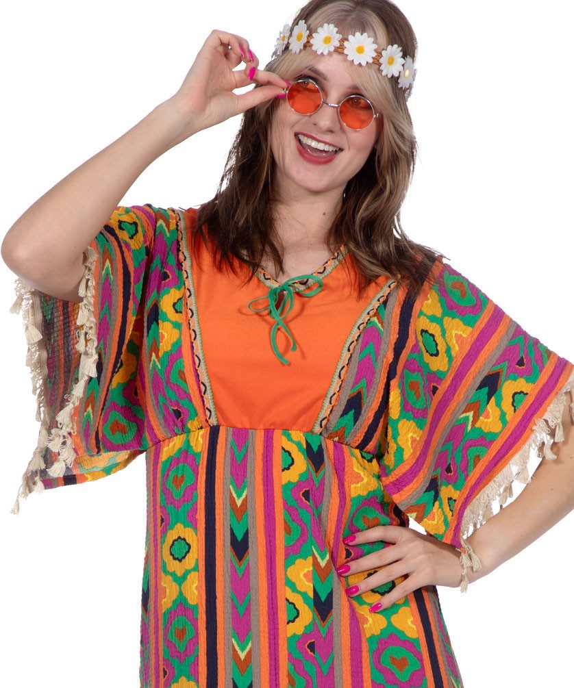 Karneval-Klamotten Hippie-Kostüm Hippie Damen Plus Size 60er Jahre lang orange bunt, Flower Power Damenkostüm hochwertig große Größen mit Blumen Fasching