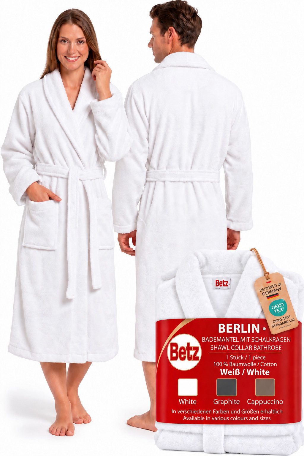 Betz Bademantel Saunamantel für Herren und Damen mit Schalkragen BERLIN, wadenlang, 100% Baumwolle, Schalkragen, Gürtel
