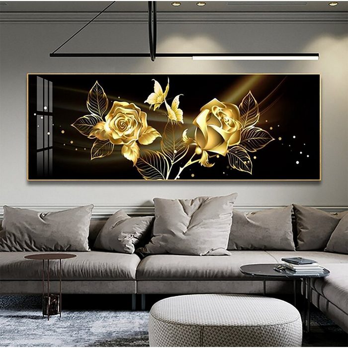 TPFLiving Kunstdruck (OHNE RAHMEN) Poster - Leinwand - Wandbild Außergewöhnliche Blumenmotive in Breitbild-Format - (Leinwand Wohnzimmer Leinwand Bilder Kunstdruck) Farben: Gold beige rot blau weiß und rosa - Größe 20x60cm FY12260