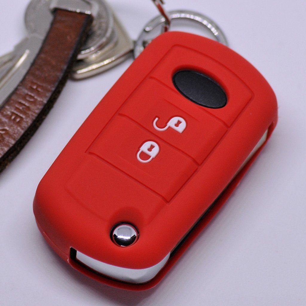 mt-key Schlüsseltasche Autoschlüssel Softcase Silikon Schutzhülle Rot, für Land Rover Discovery 3 Range Rover LR3 2 Tasten Klappschlüssel