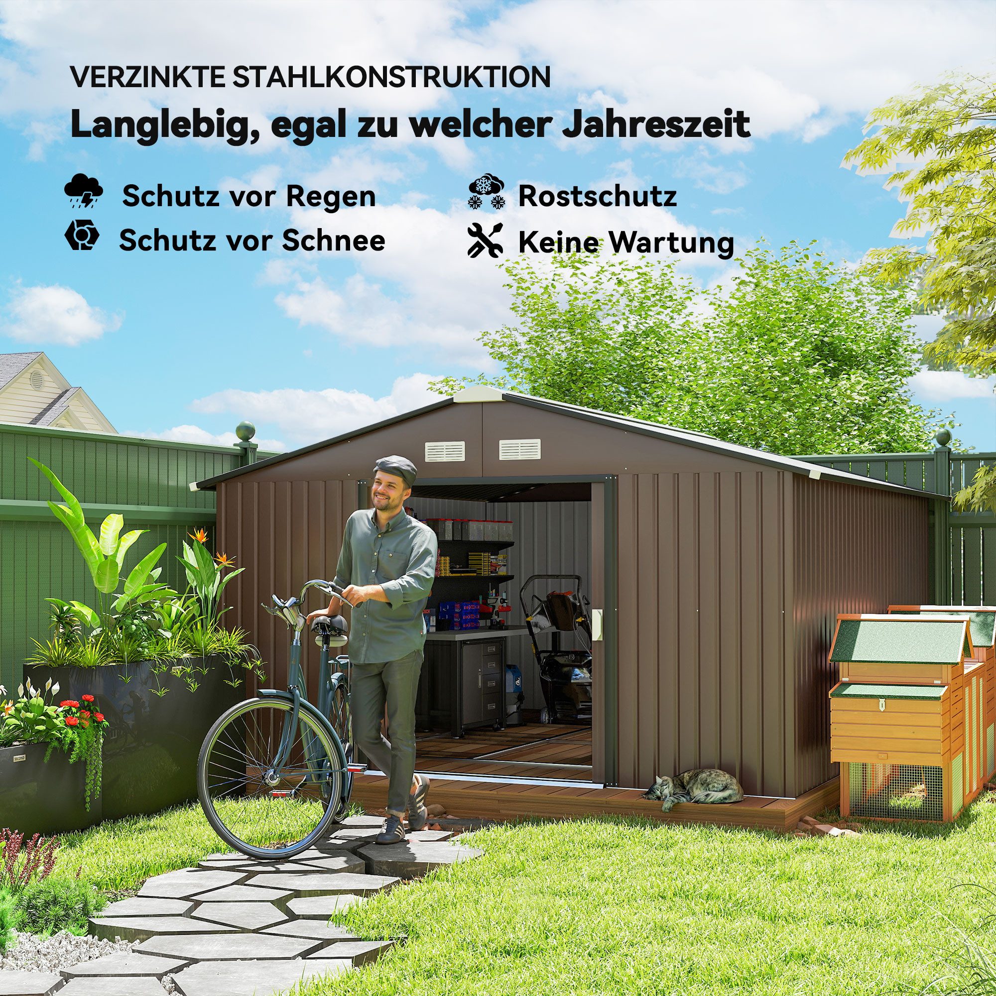 Outsunny Gerätehaus Gartenhaus mit Schiebetür, Fundament, Geräteschuppen, BxT: 340x386 cm, (Gartenhaus, 1 St., Geräteschuppen aus Verzinkter Stahl), wetterfest, – Bild 4 von 5