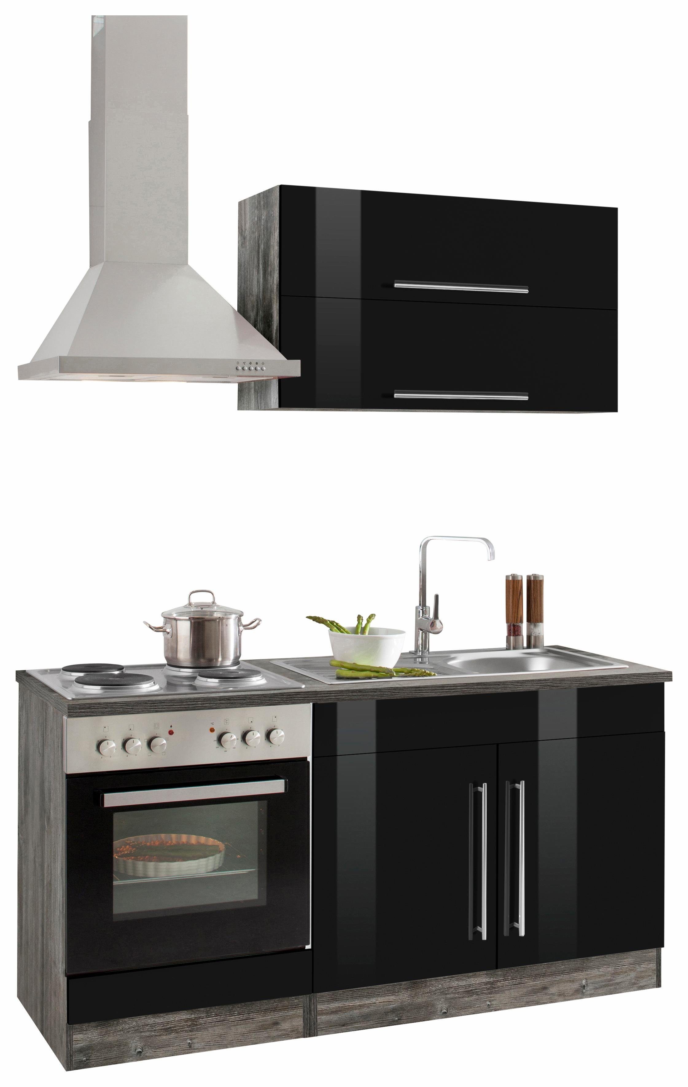 HELD MÖBEL Küchenzeile Samos, mit E-Geräten, Breite 160 cm schwarz Hochglanz/Eiche vintage | Eiche vintage