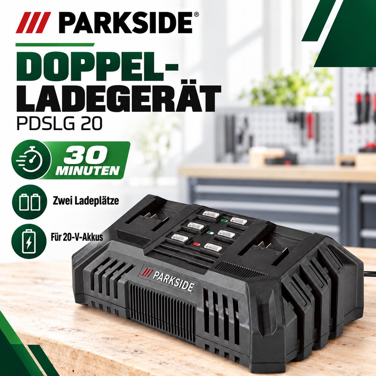 Parkside PARKSIDE 30 Minuten Doppel Ladegerät PDSLG 20 Werkzeug-Akku-Ladetechnik
