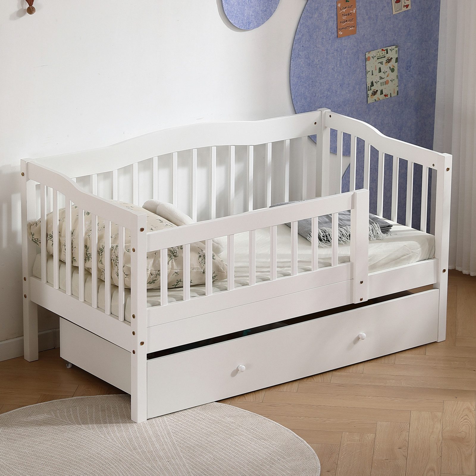 LEADZM Kinderbett mit Schubladen 70x140 / 80x160 / 90x200cm, Hausbett mit Lattenrost, Bodenbett mit Stauraum und Abnehmbarer Barriere, Weiß
