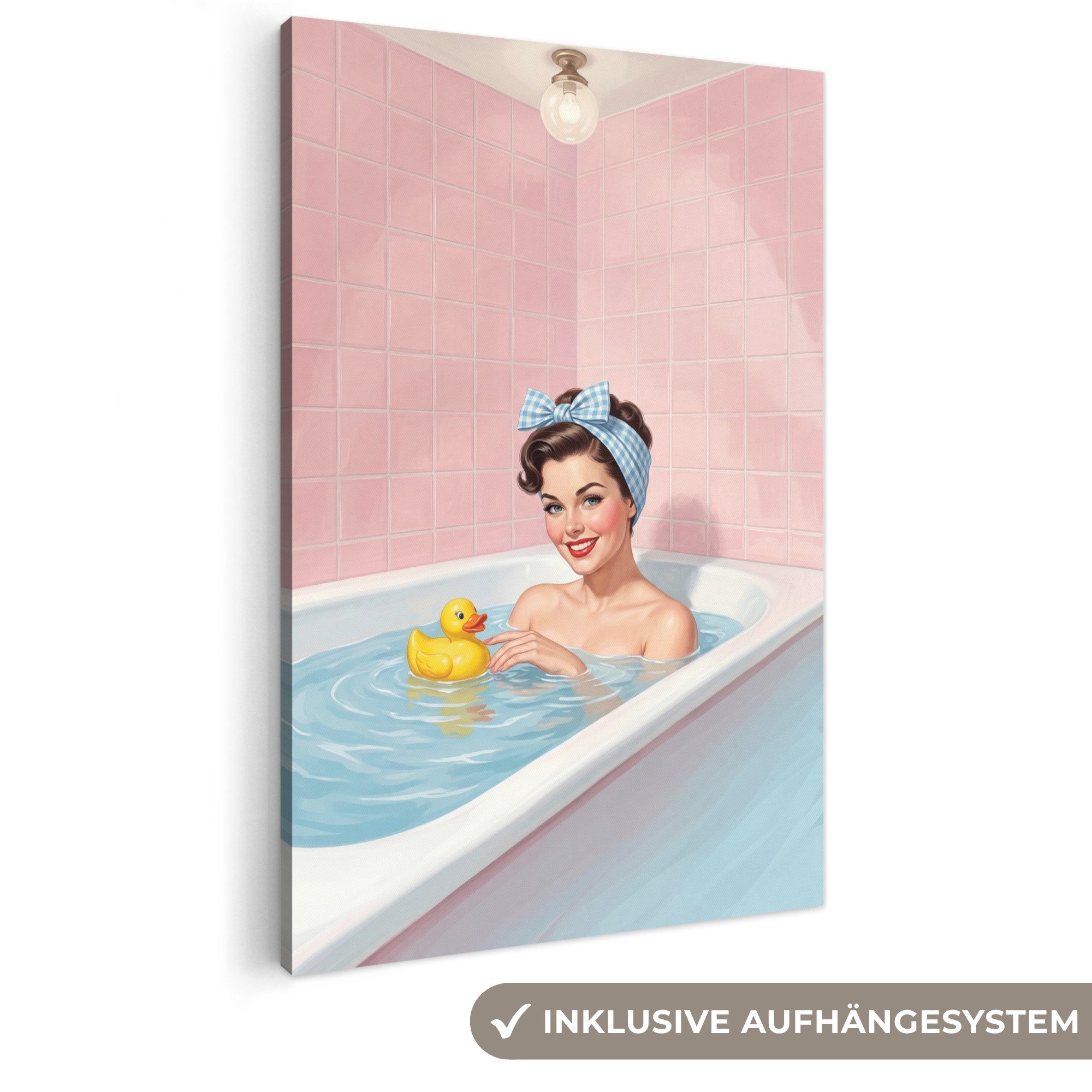 OneMillionCanvasses® Leinwandbild Badezimmer - Ente - Blau, Fotodruck (1 St), Leinwandbilder XXL für Wohnzimmer 90x140 cm