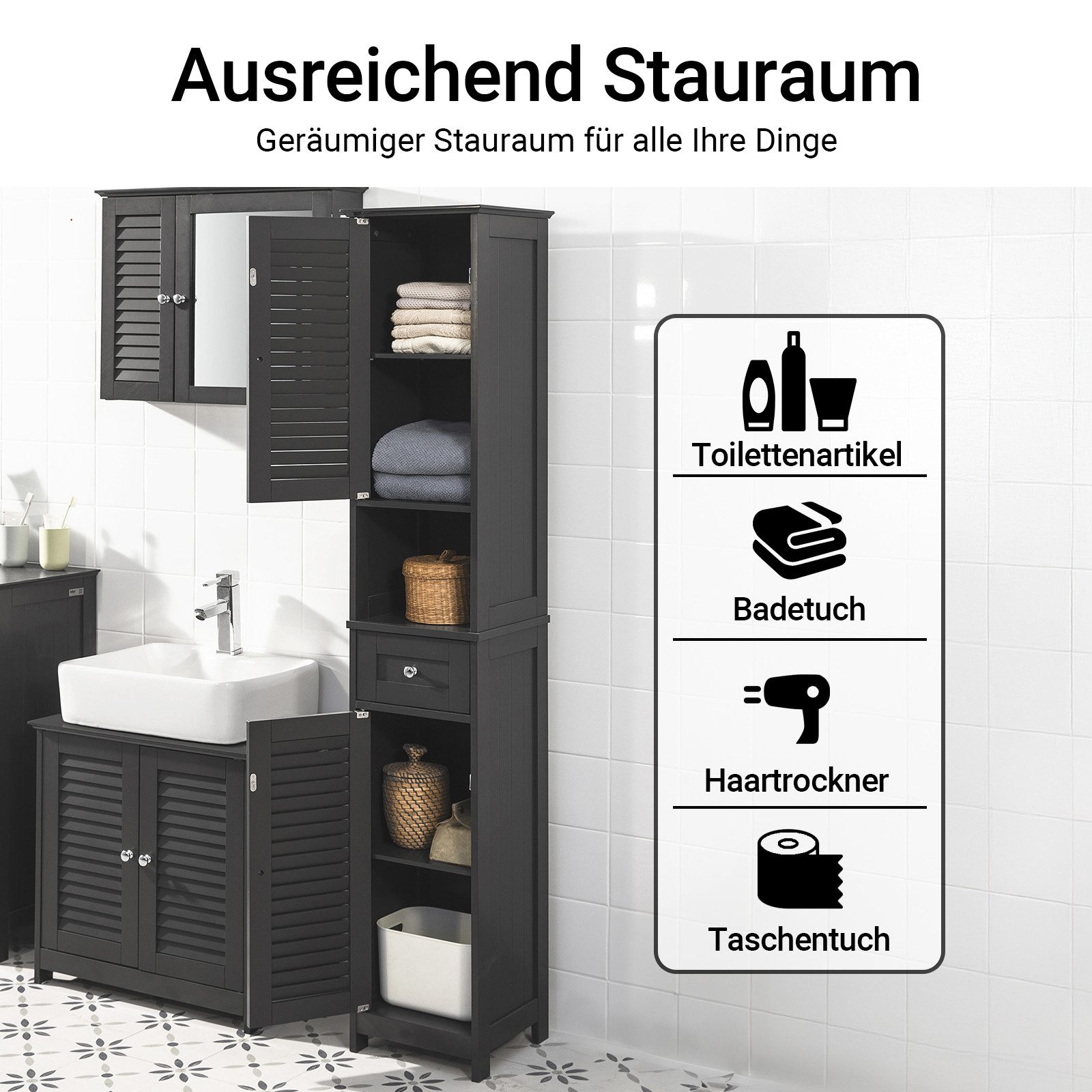 SoBuy Hochschrank FRG236, Badezimmerschrank schmal, Badkommode, verstellbare Ablage Badregal Badschrank Badmöbel mit 1 offenem Fach, 1 Schublade und Türen