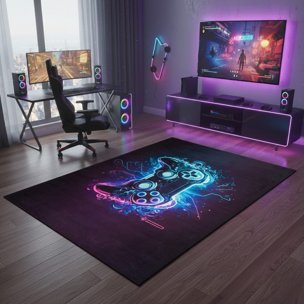 Tapiso Kinderteppich COSMO GAME, rechteckig, Höhe: 7 mm, Rutschfester Kinder- und Gamer-Teppich mit buntem Design