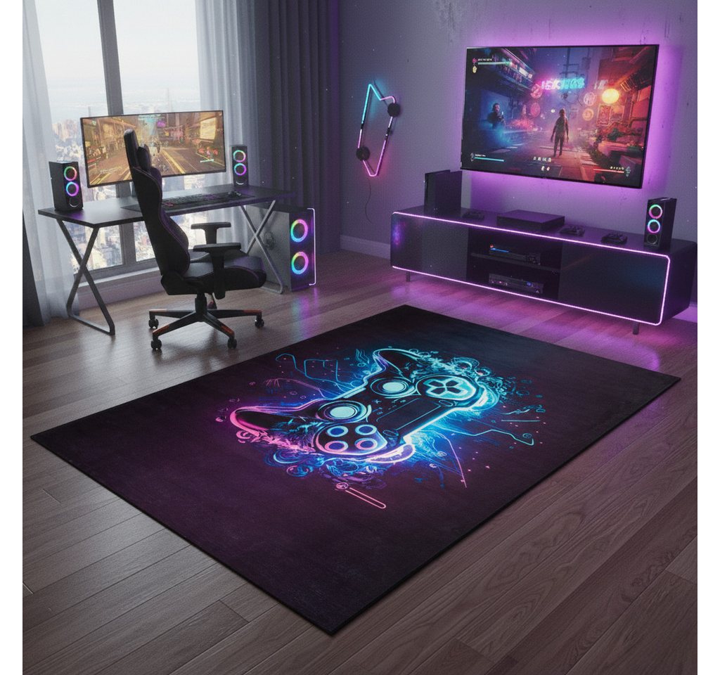Tapiso Kinderteppich COSMO GAME, rechteckig, Höhe: 7 mm, Rutschfester Kinder- und Gamer-Teppich mit buntem Design