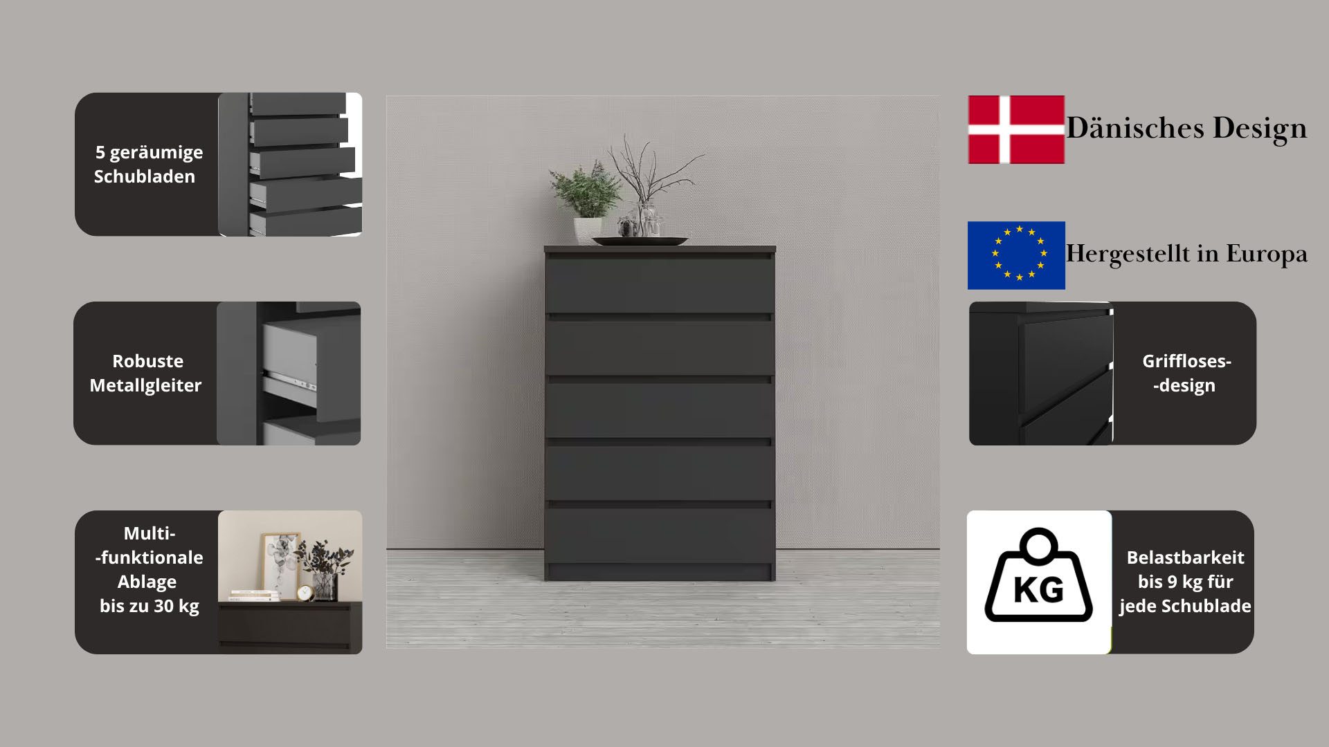 Home affaire Kommode Naia, Aufbewahrung, 5 Schubladen, Matt-Optik, grifflose Front, Modern, skandinavisches Design, in mehrere Farben, Hoch