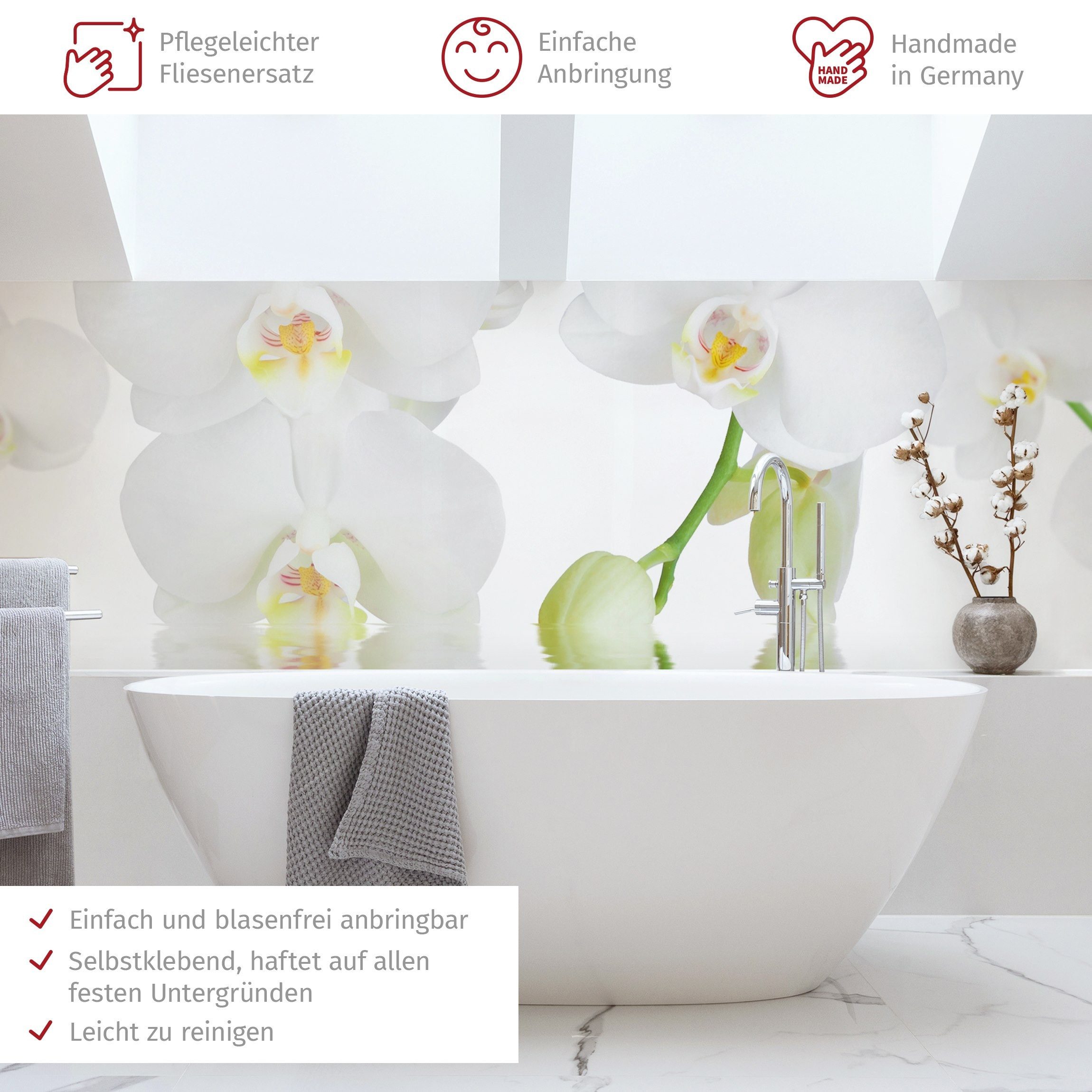 Bilderdepot24 Badrückwand weiss fugenlose Wandverkleidung Bad modern, (Hartfolie matt » Selbstklebend SMART 0,35 mm), wasserfestes Wandpaneel Wellness