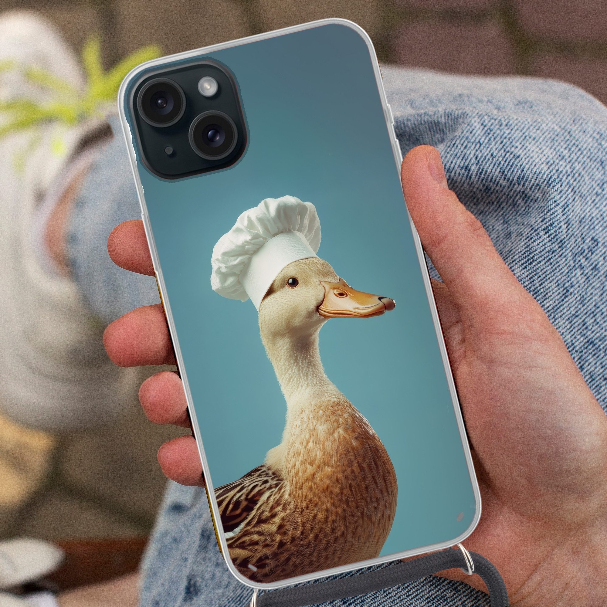 MuchoWow Handyhülle für Apple iPhone 15 Plus Ente - Kochmütze - Niedlich - Vogel, Tragbare Handyhüllen mit Kette zum umhängen, Handykette Handyband