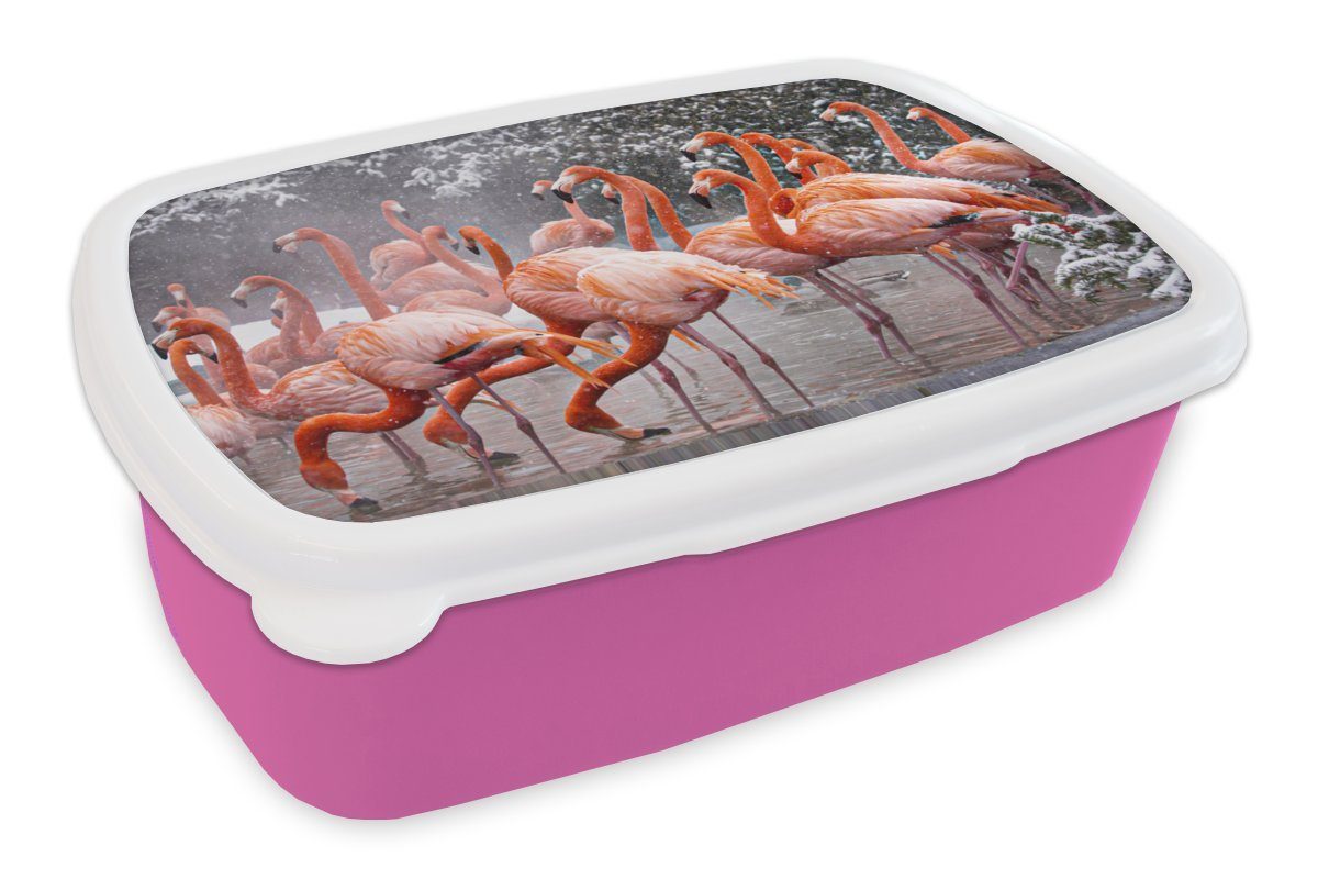 MuchoWow Lunchbox Flamingo - Schnee - Wasser, Kunststoff, (2-tlg), Brotbox für Erwachsene, Brotdose Kinder, Snackbox, Mädchen, Kunststoff rosa