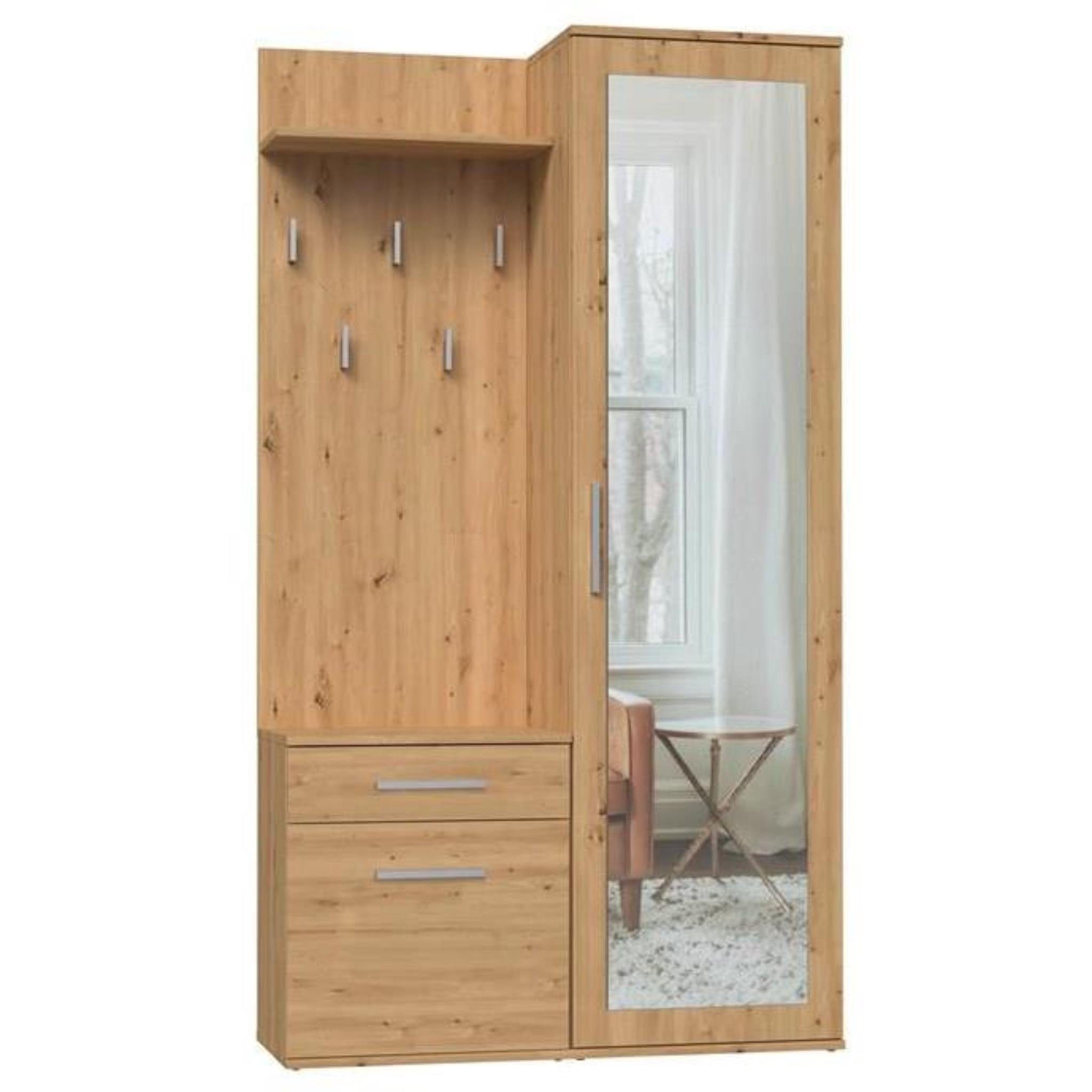 Beautysofa Kompaktgarderobe mit Schublade und Kleiderstange Fiora (Garderobenschrank + Paneel + Schuhschrank, 3-St., Шкафы-Set, 5 Kleiderhaken) inkl. Spiegel, mit Kleiderbügeln