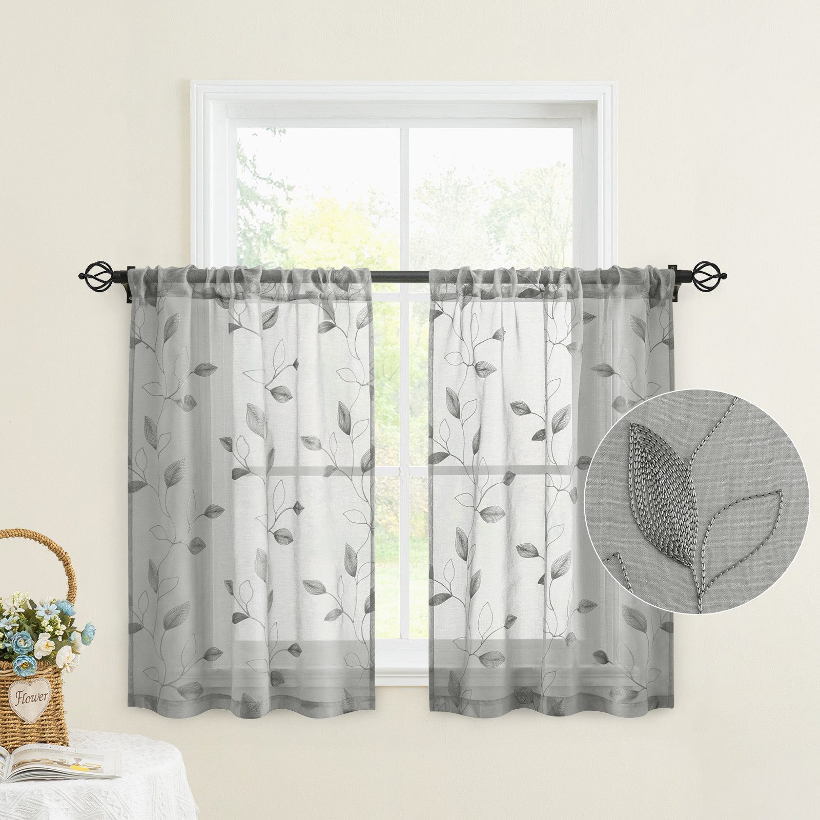 BYSURE Gardine Voile Scheibengardinen modern Wohnzimmer Bistrogardine für Küche, Bad (2 St), Stangendurchzug, transparent, Küchenvorhänge, besticktes Blattmuster, Vorhänge für kleine Fenster