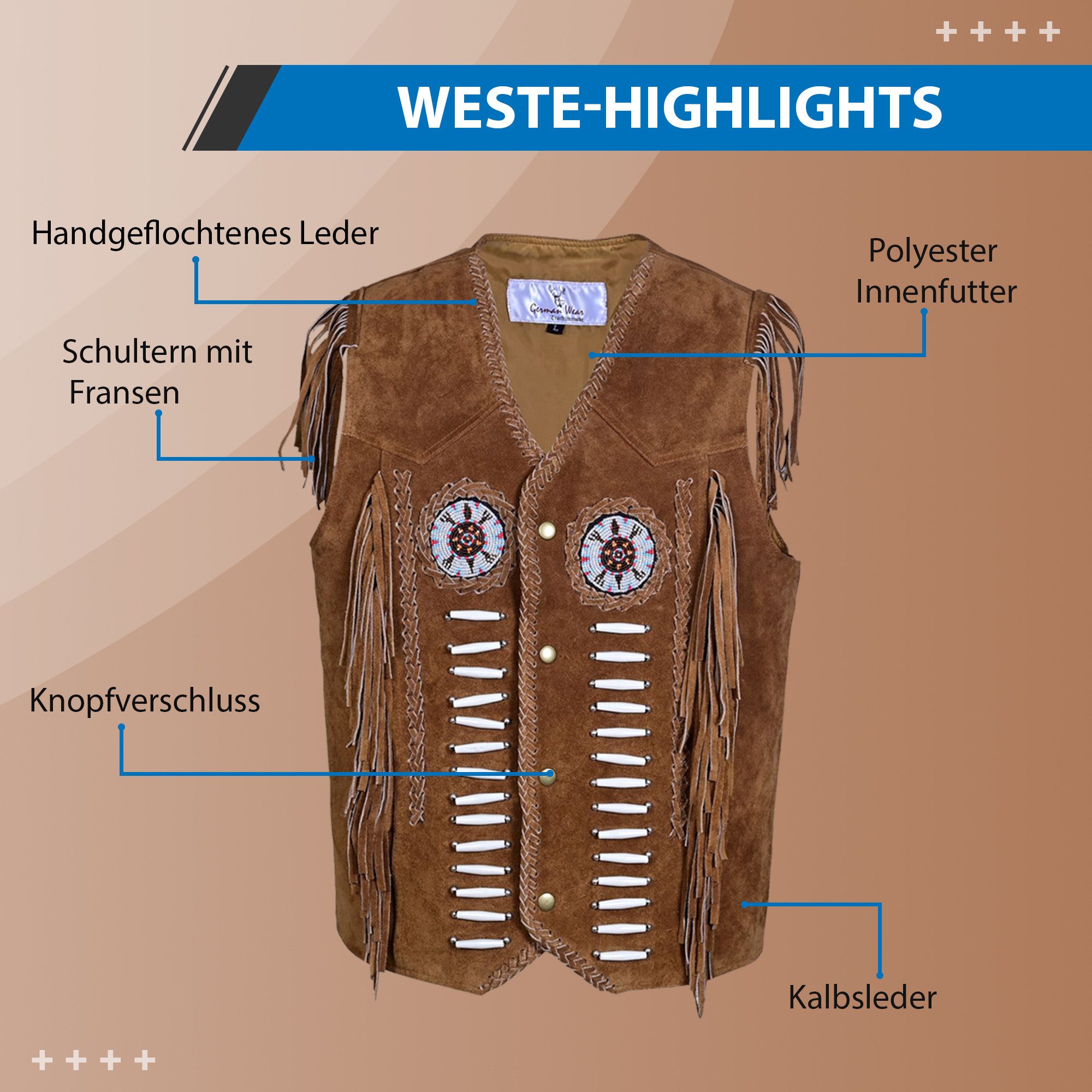 German Wear Reitweste GW950-Weste Western Lederweste Tracht Weste Reiter weste Lederkutte