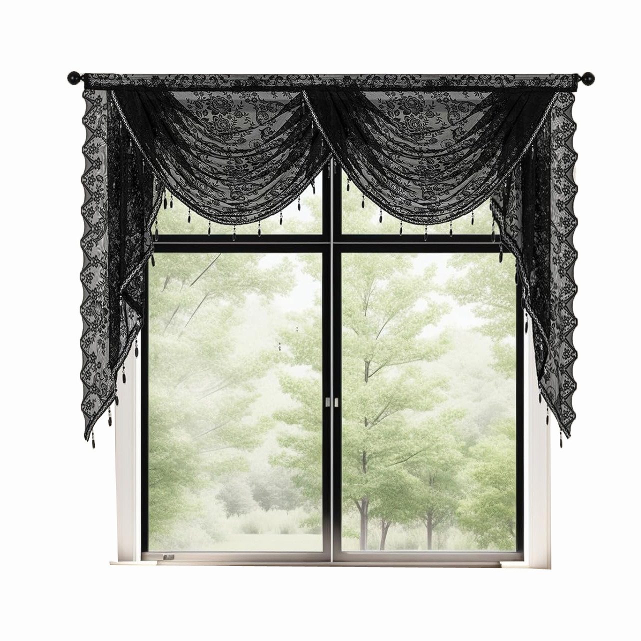 Zyronn Vorhang Halbtransparente Spitzen-Fensterdekoration mit Perlenquasten, Blumenmuster bestickter Voile-Vorhang für Wohnzimmer und Schlafzimmer