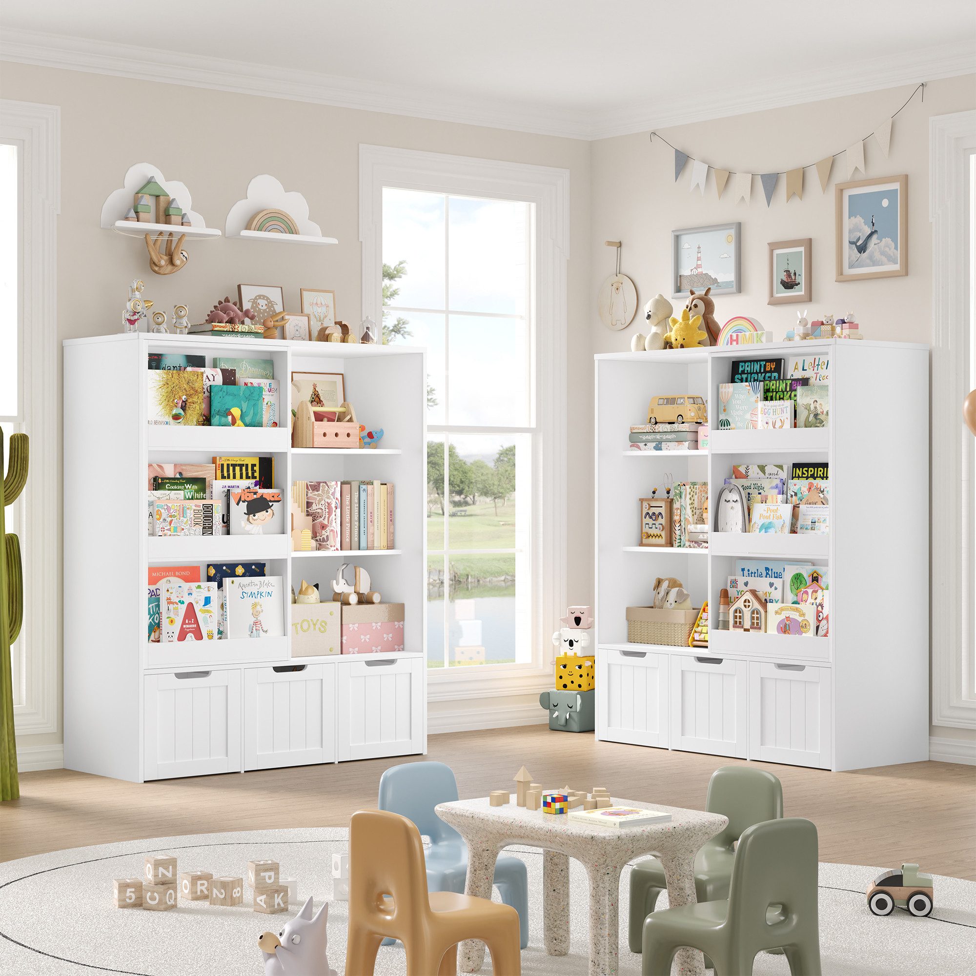 Homfa Kinderregal mit Bücherregal Kinderschrank mit 3 Spielzeugkisten auf Rollen, Spielzeugregal mit 6 offenen Fächern Spielzeugtruhe 120x100x37cm – Bild 5 von 5