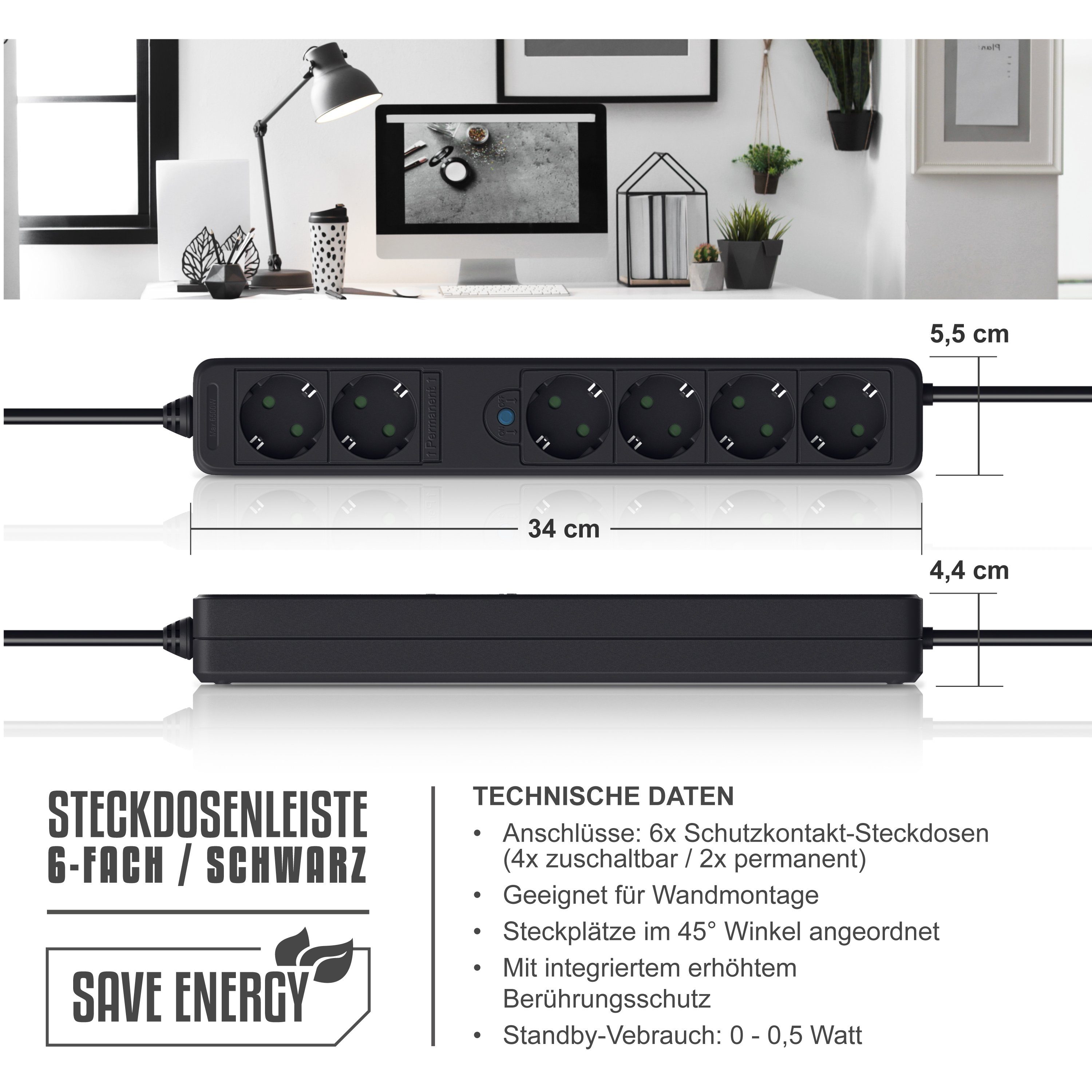 Arendo 6-fach Mehrfachstecker mit Fußschalter, 2x Dauer-AN, 4x Schaltfunktion Steckdosenleiste 6-fach (Schalterbeleuchtung, Ein- / Ausschalter, Kindersicherung, Schutzkontaktstecker, Überspannungsschutz, Kabellänge 1,50 m), Mehrfachsteckdose 1,5m Kabel, Wandmontage möglich, Berührungsschutz