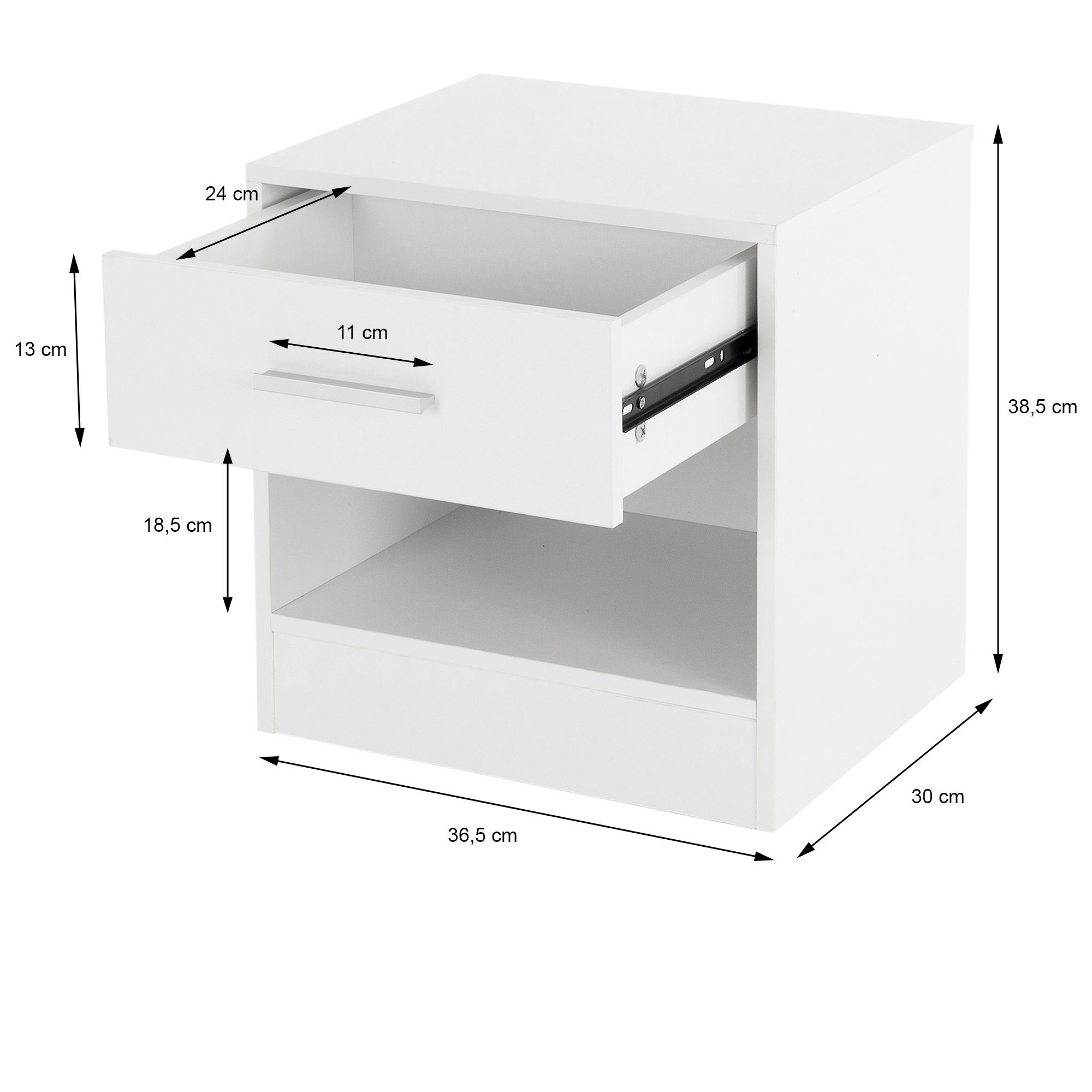 36,5x38,5x30cm Alu Nachtkommode offenes Kommode und Nachtschrank Nachttisch Beistelltisch, Schublade Weiß Holz ML-DESIGN Griff Fach Nachtkonsole