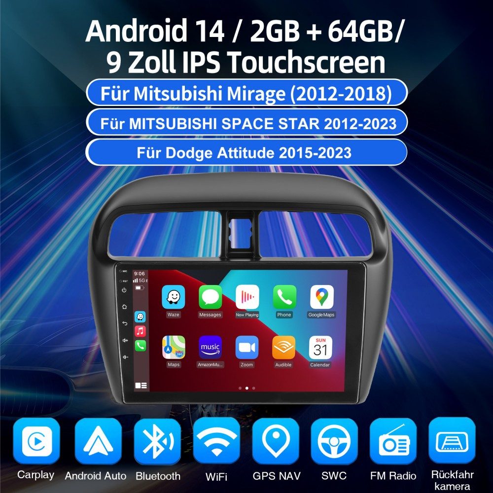 ESSGOO Für Mitsubishi Mirage Space Star Dodge Attitude Autoradio Autoradio (RDS, Digitalradio (DAB), FM, AM, Apple Carplay Android Auto GPS Navi WIFI BT)