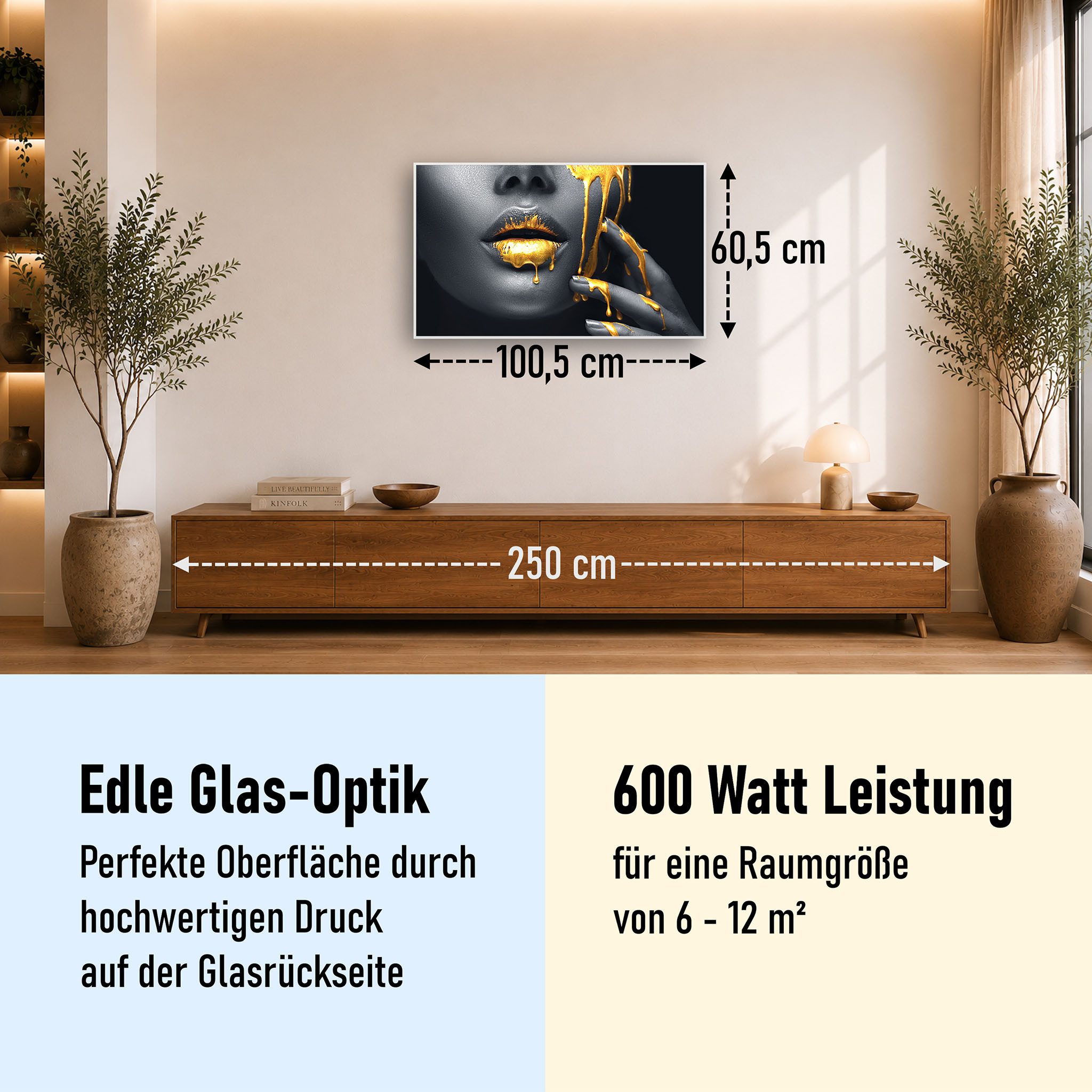 STEINFELD Heizsysteme Infrarotheizung Glas-Bild 600W, 100x60cm, Made in Germany, 7 Jahre Garantie, mit Thermostat, Silber