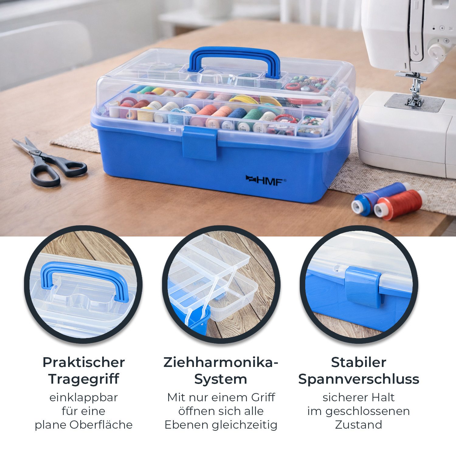HMF Aufbewahrungsbox Nähkasten aufklappbar mit 3 Ebenen, Sortierbox mit 8 Fächern für, Kleinteile, 33 x 20 x 15 cm, Blau