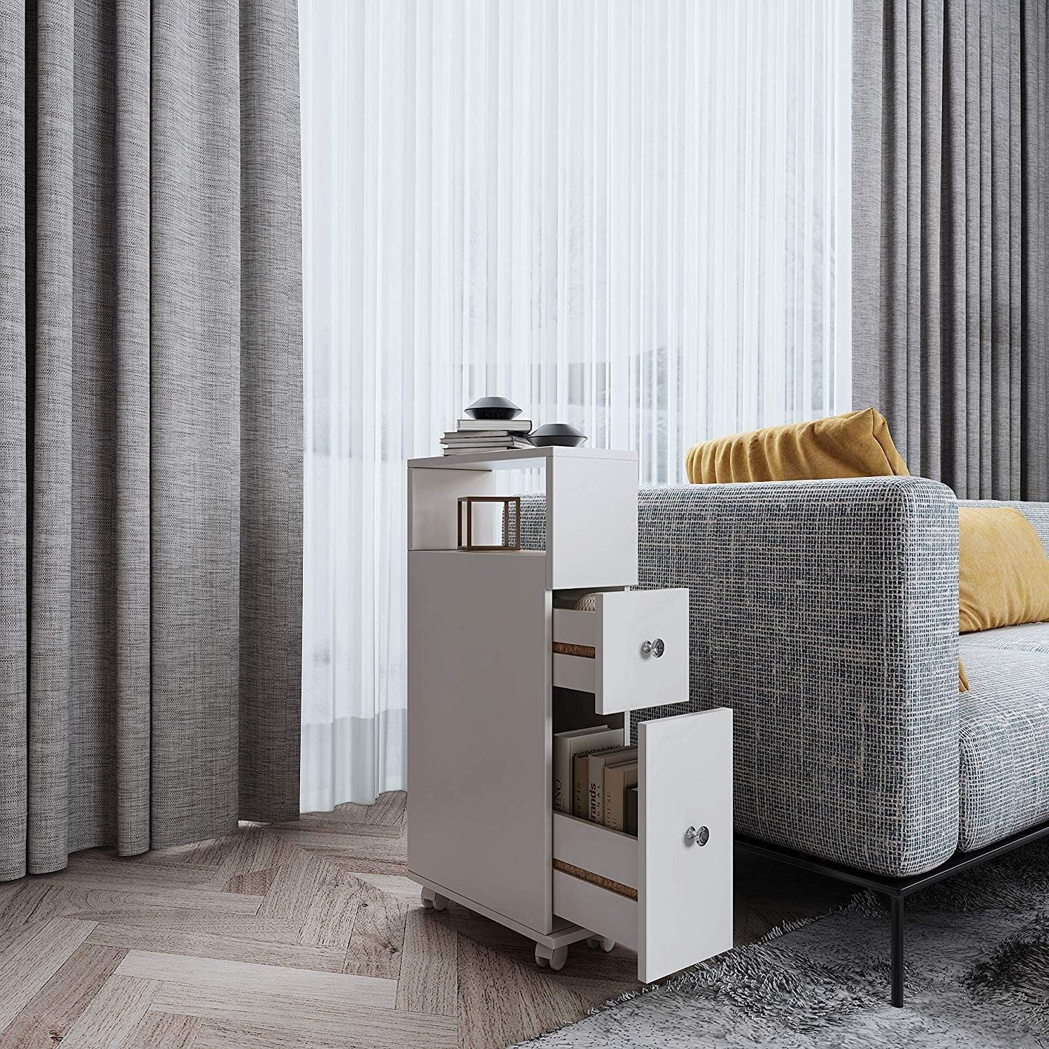 Happy Home Eckschrank Badezimmerschrank mit Rollen Schubladen Hochschrank Standschrank weiß