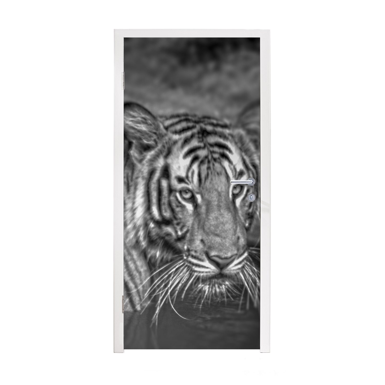 MuchoWow Türtapete Tiger - Wasser - Schwarz - Weiß, Matt, bedruckt, (1 St), Fototapete für Tür, Türaufkleber, 75x205 cm