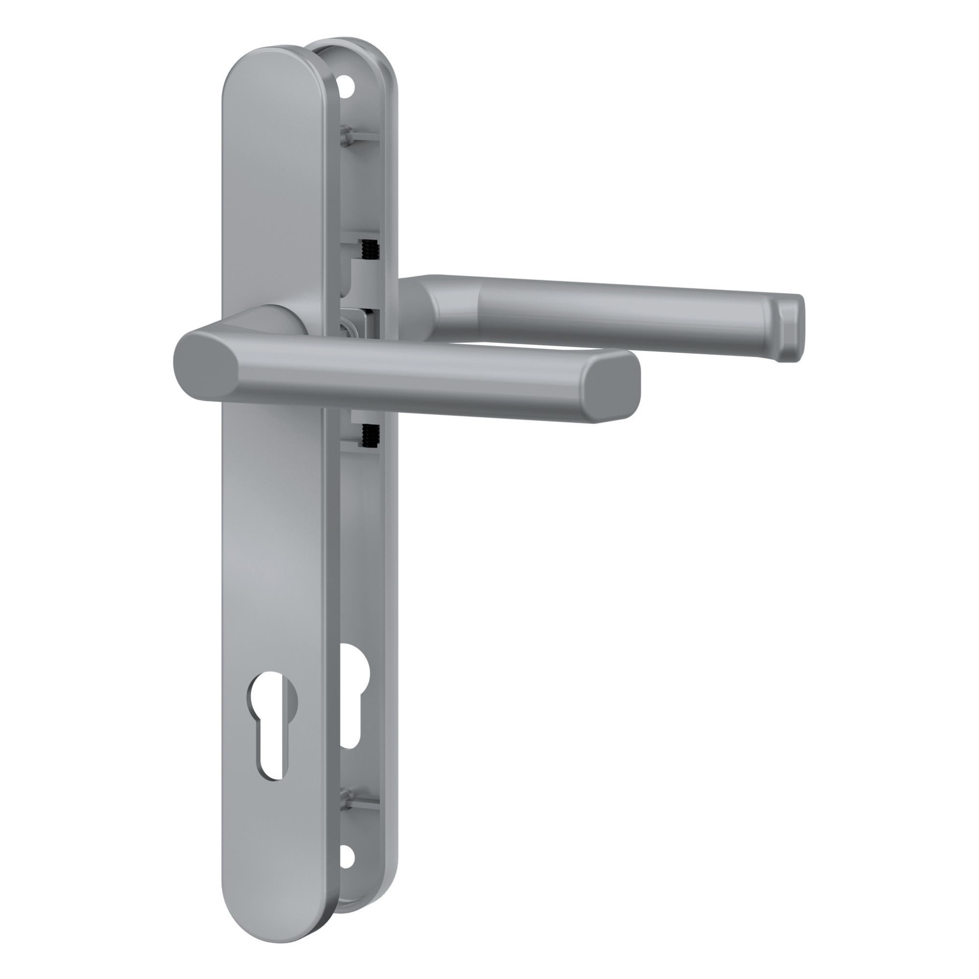 BASI Drückergarnitur Schmalrahmen-Garnitur PZ 92/8 mm, AluTürbeschlag (Packung), Edelstahlfarben, für 45-82 mm Türstärke, rundes Langschild, PZ-Lochung