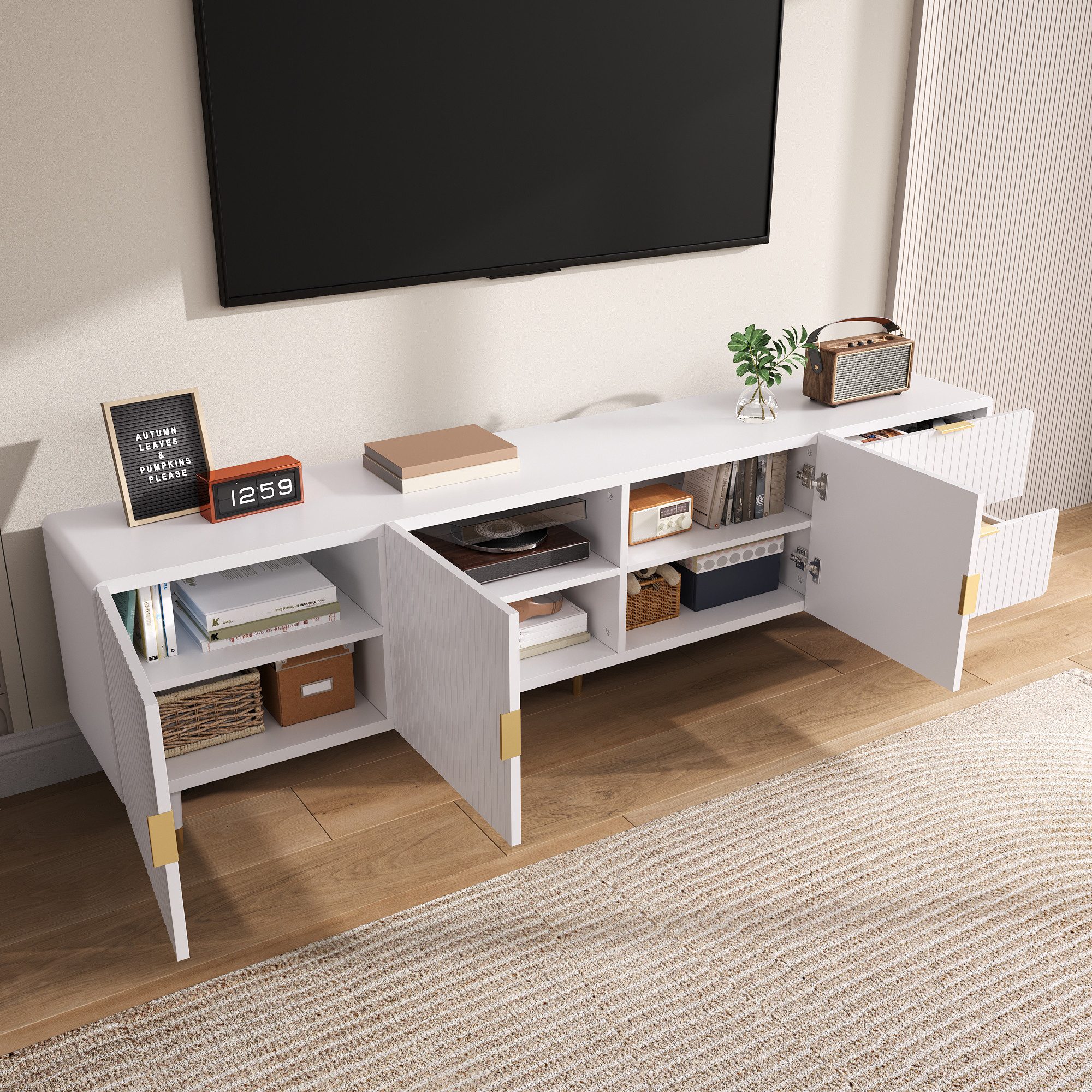 Merax Lowboard Weiß mit Goldakzenten, Soft-Close (1 St), TV-Schrank mit 3 T günstig online kaufen