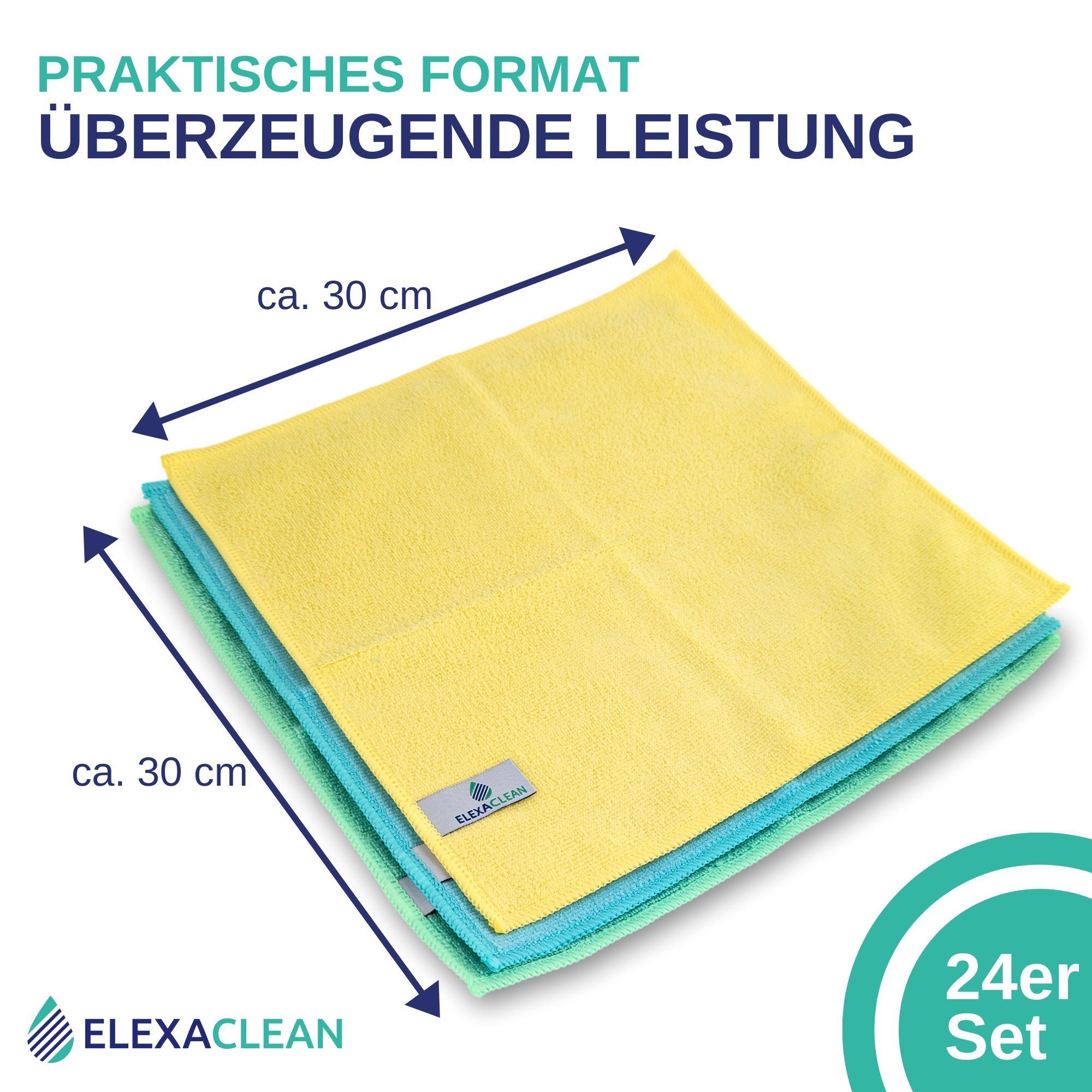 ELEXACLEAN Universal Reinigungstücher Mikrofasertuch (80% Polyester, 20% Polyamid (Mikrofaser), 30x30 cm, Set, 24-tlg., 30x30 cm, fusselfrei, streifenfrei, saug – Bild 5 von 5