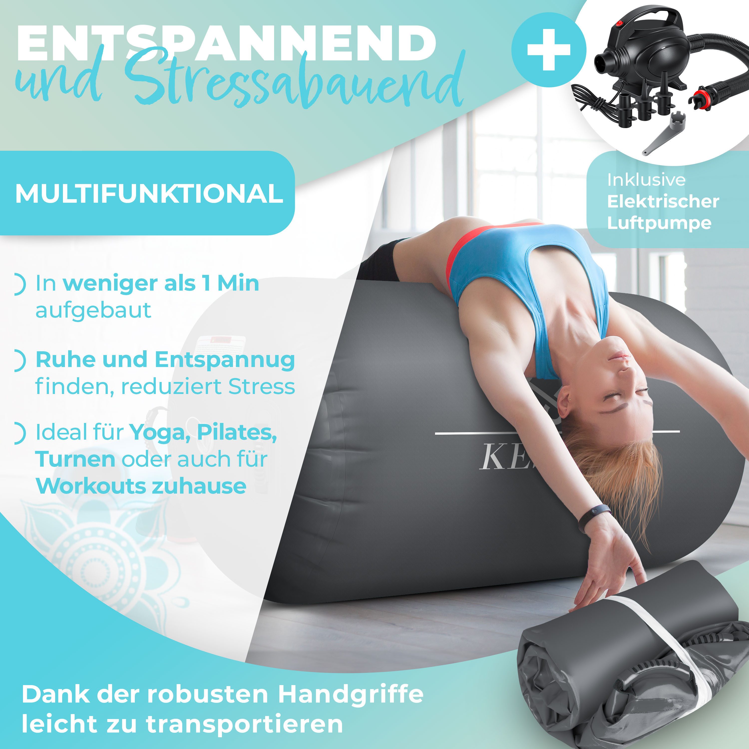 KESSER Gymnastikmatte, Aufblasbare Air Roll Airtrack, Gymnastik-Rolle inkl. Tragetasche