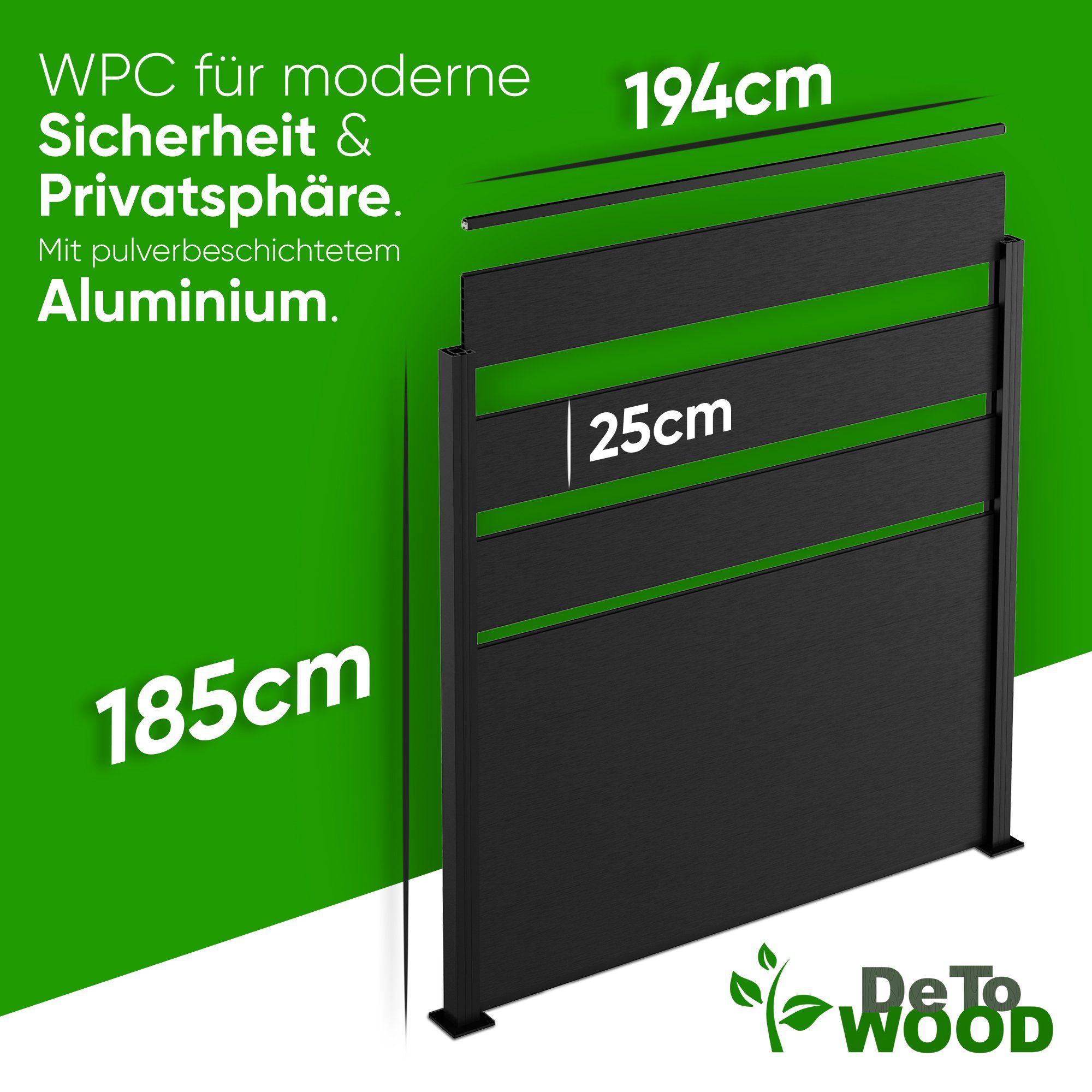 DeToWood Gartenzaun WPC Zaun Royal Plus Anthrazit, (Komplettset, Komplettset Inklusive Pfosten und Montagezubehör), Stabile Bauweise durch Pfosten aus Aluminium