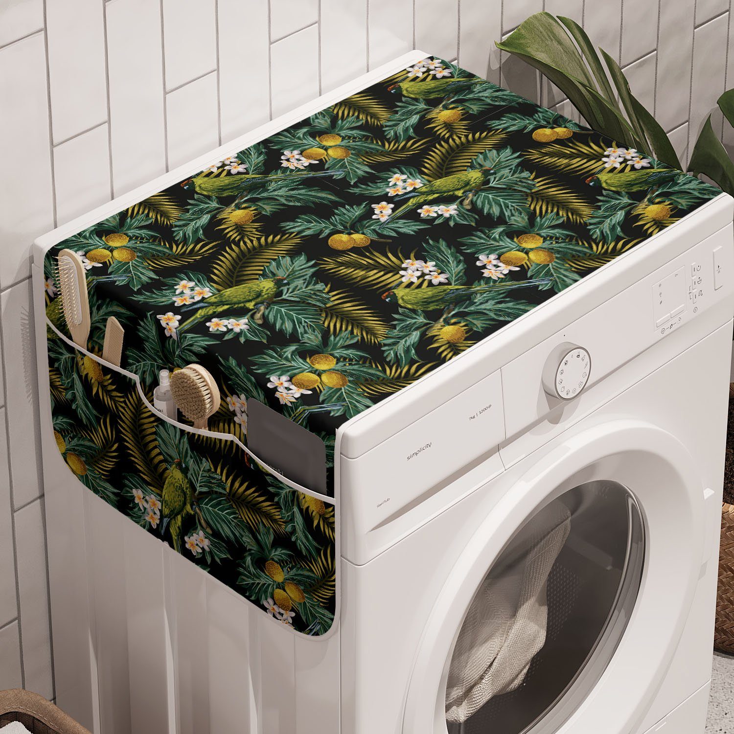 Abakuhaus Badorganizer Anti-Rutsch-Stoffabdeckung für Waschmaschine und Trockner, Tropisch Palm Plumeria und Vogel