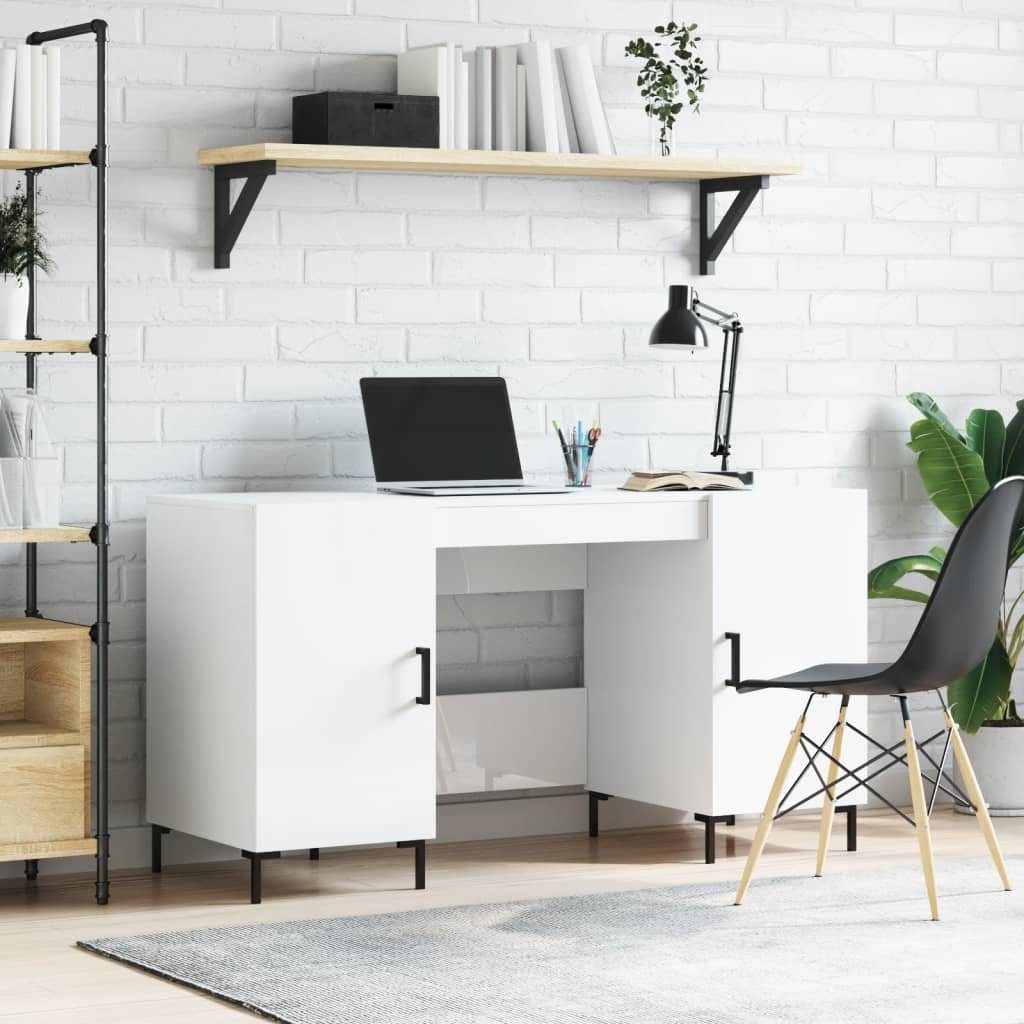 furnicato Schreibtisch 140 x 50 x 75 cm Hochglanz-Weiß (1-St), Bürotisch mit 4 Seitenfächern und Eisenfüßen für dein Arbeitszimmer