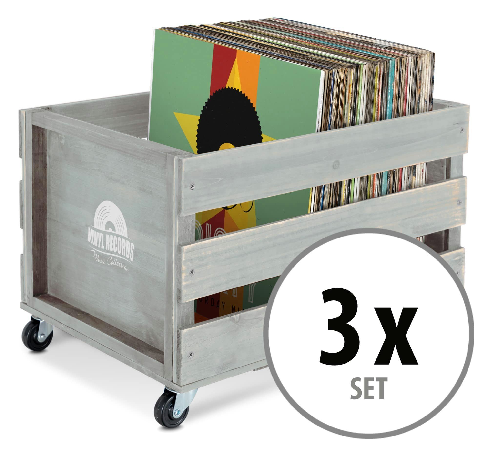 Stagecaptain Holzkiste Emil 3er-Set Schallplattenkisten Holz Grau für bis zu 300 LPs (Spar-Set, 3 St., Aufbewahrungskisten für Schallplatten und mehr), für bis zu 100 LPs - aus Vollholz im Retro-Design
