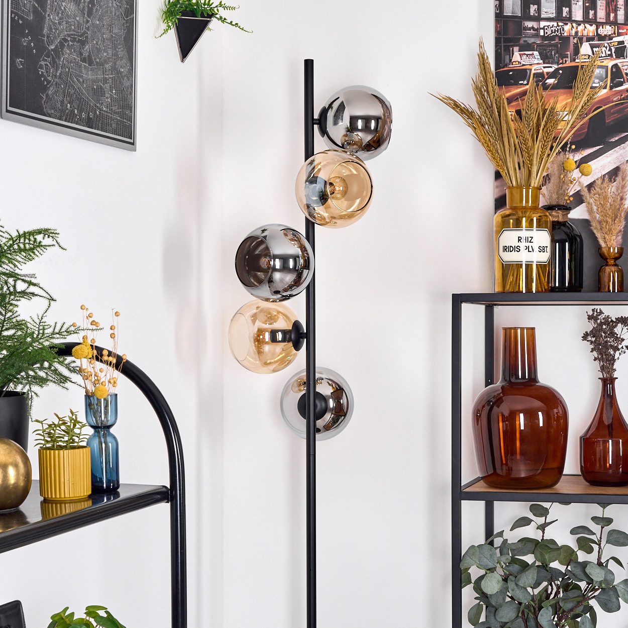 hofstein Stehlampe Stehlampe aus Metall/Glas in Schwarz/Bernstein/Rauch im Retro-Design, verstellbare Stehleuchte mit Glasschirmen (15cm) u. Fußschalter, E14