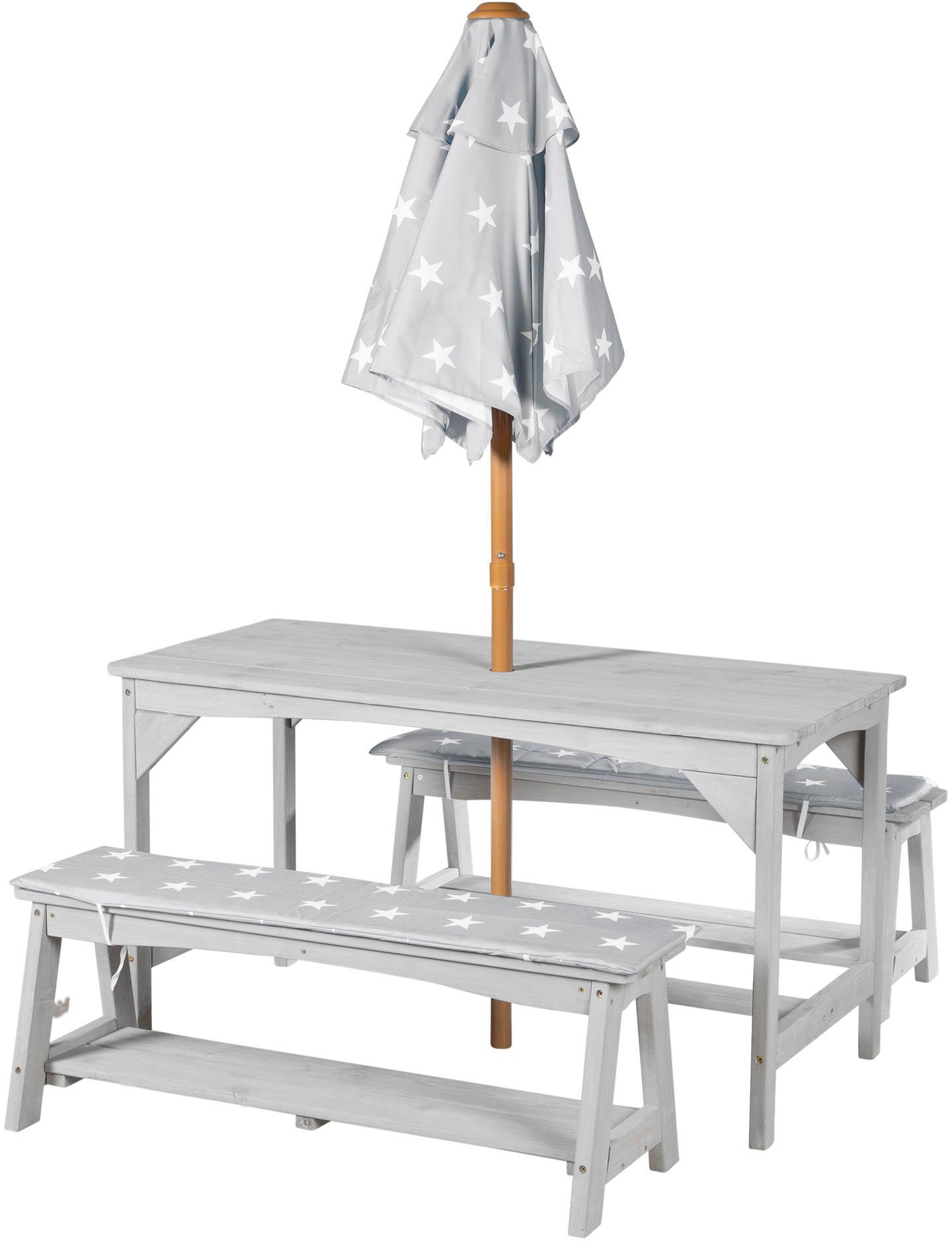roba® Garten-Kindersitzgruppe Outdoor+, (Set, 3-tlg), Tisch und 2 Bänke mit Sitzauflage, Schirmset
