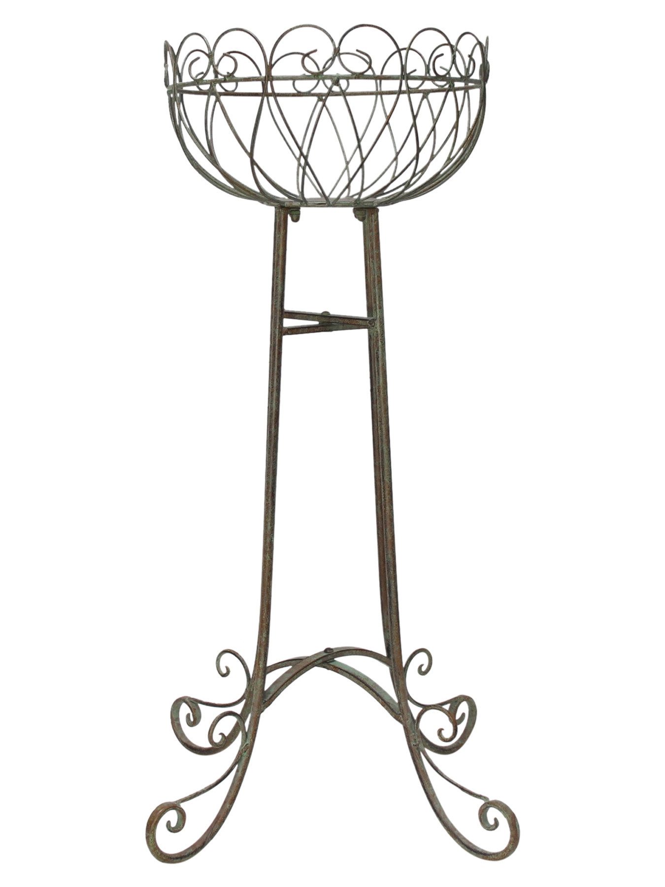 Dekoleidenschaft Blumenständer "Ornamente" Dekoständer grün mit Rost Finish, Metallständer mit Korb, Pflanzenschale, Blumenkorb