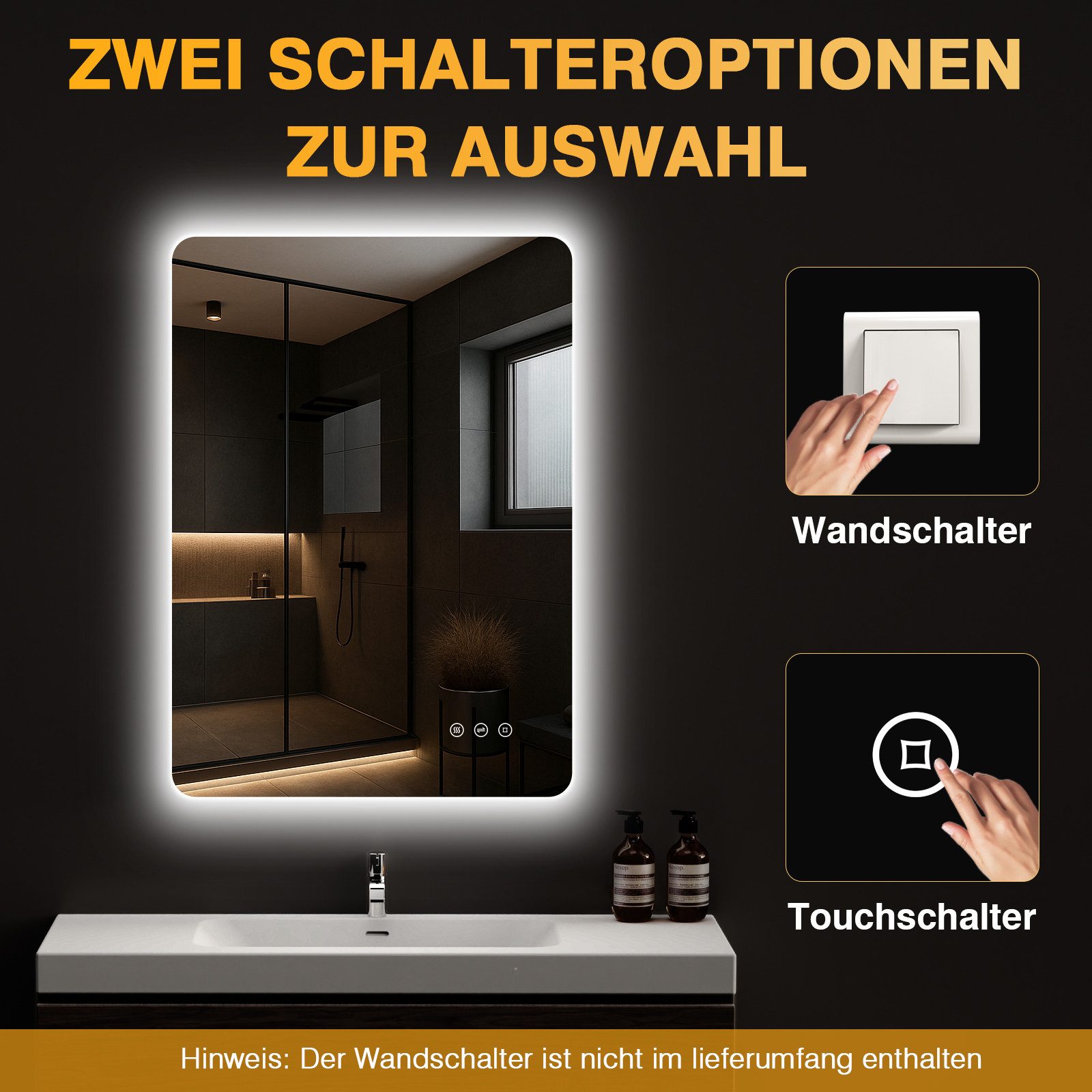 PESENXAN Badspiegel mit Beleuchtung, LED Badezimmerspiegel mit 3 Lichtfarben, Dimmbar (1-St), Speicherfunktion, Touch-Schalter, IP44 Wasserdicht, 50x70cm – Bild 4 von 5
