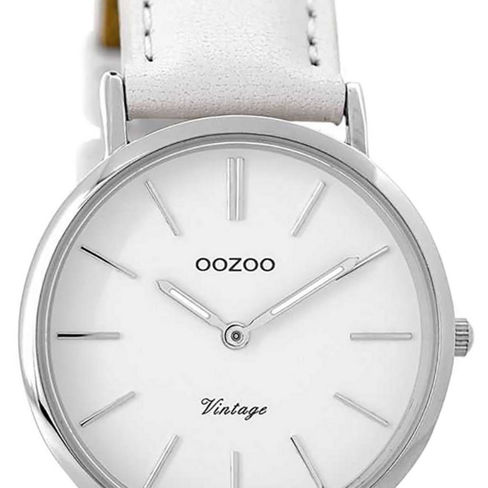 OOZOO Quarzuhr Oozoo Damen Armbanduhr weiß, Damenuhr rund, mittel (ca.  32mm), Lederarmband weiß, Fashion, extraflaches Gehäuse