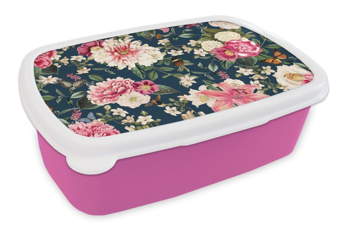 MuchoWow Lunchbox Muster - Rose - Blätter, Kunststoff, (2-tlg), Brotbox für Erwachsene, Brotdose Kinder, Snackbox, Mädchen, Kunststoff rosa