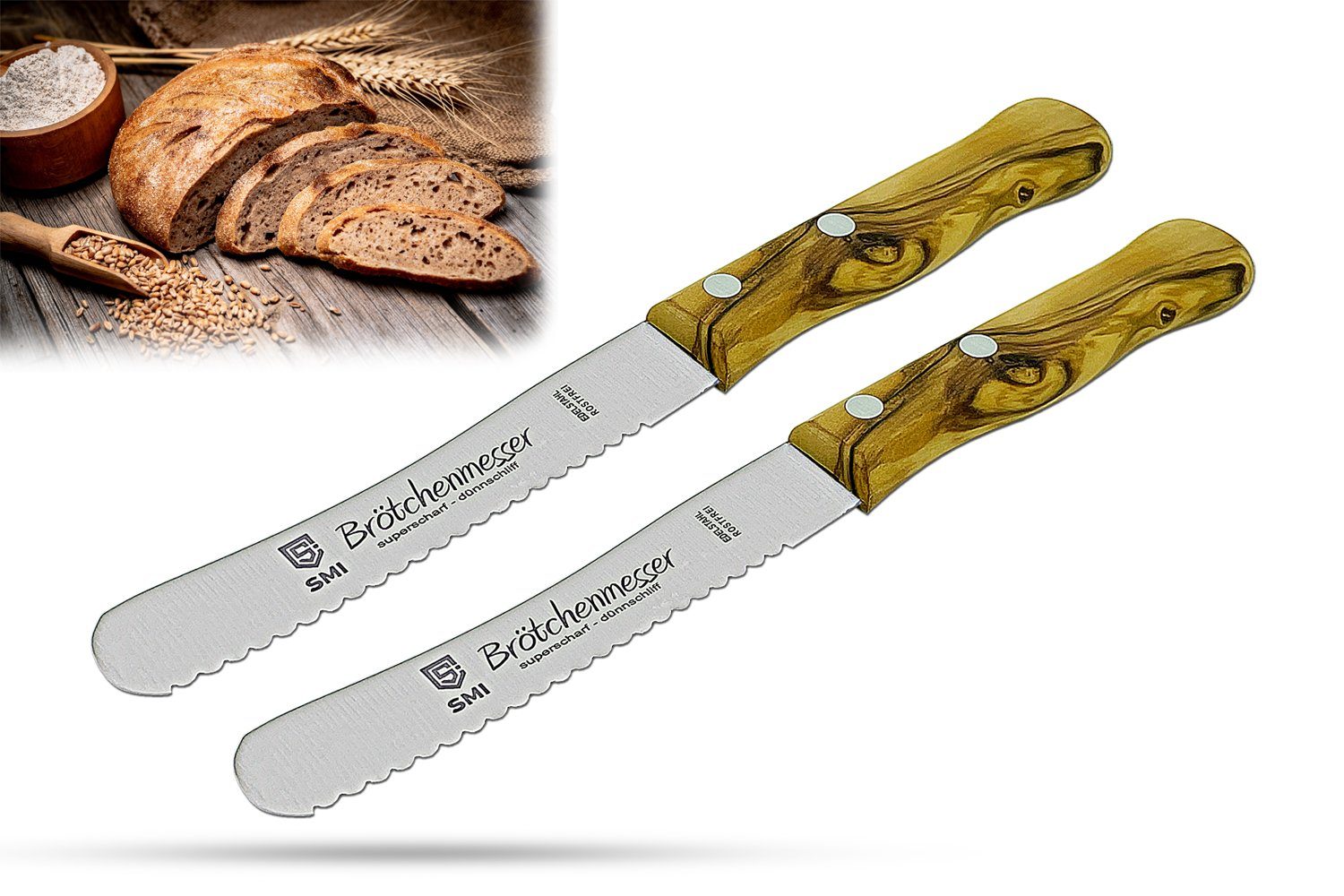 Buttermesser 2tlg 22,5 cm Buttermesser Wellenschliff Frühstücksmesser Olivenholz