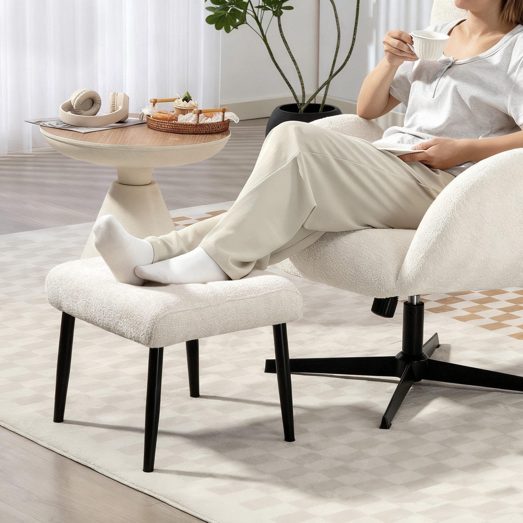 HOMCOM Fußhocker Sitzhocker mit weichem Sitzkissen Stahlbeinen Ottoman (Hocker, 1 St., Sitzhocker), für Schlafzimmer, Wohnzimmer, Cremeweiß