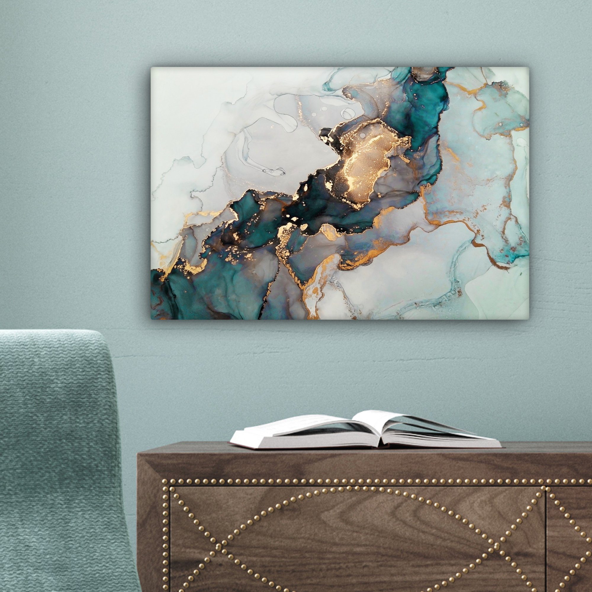OneMillionCanvasses® Leinwandbild Blau - Marmor - Gold, Fotodruck (1 St), Leinwand Bilder Klein, Wand Dekoration Aesthetic 30x20 cm – Bild 5 von 5